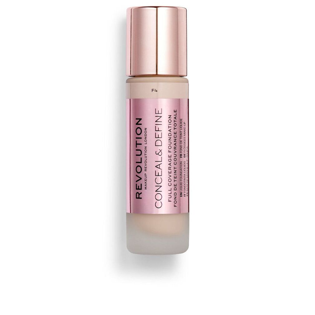Make-up-Fläschchen mit rosafarbenem Etikett. Deckel in Roségold. Produktname: CONCEAL & DEFINE. Aufschrift: FULL COVERAGE FOUNDATION.