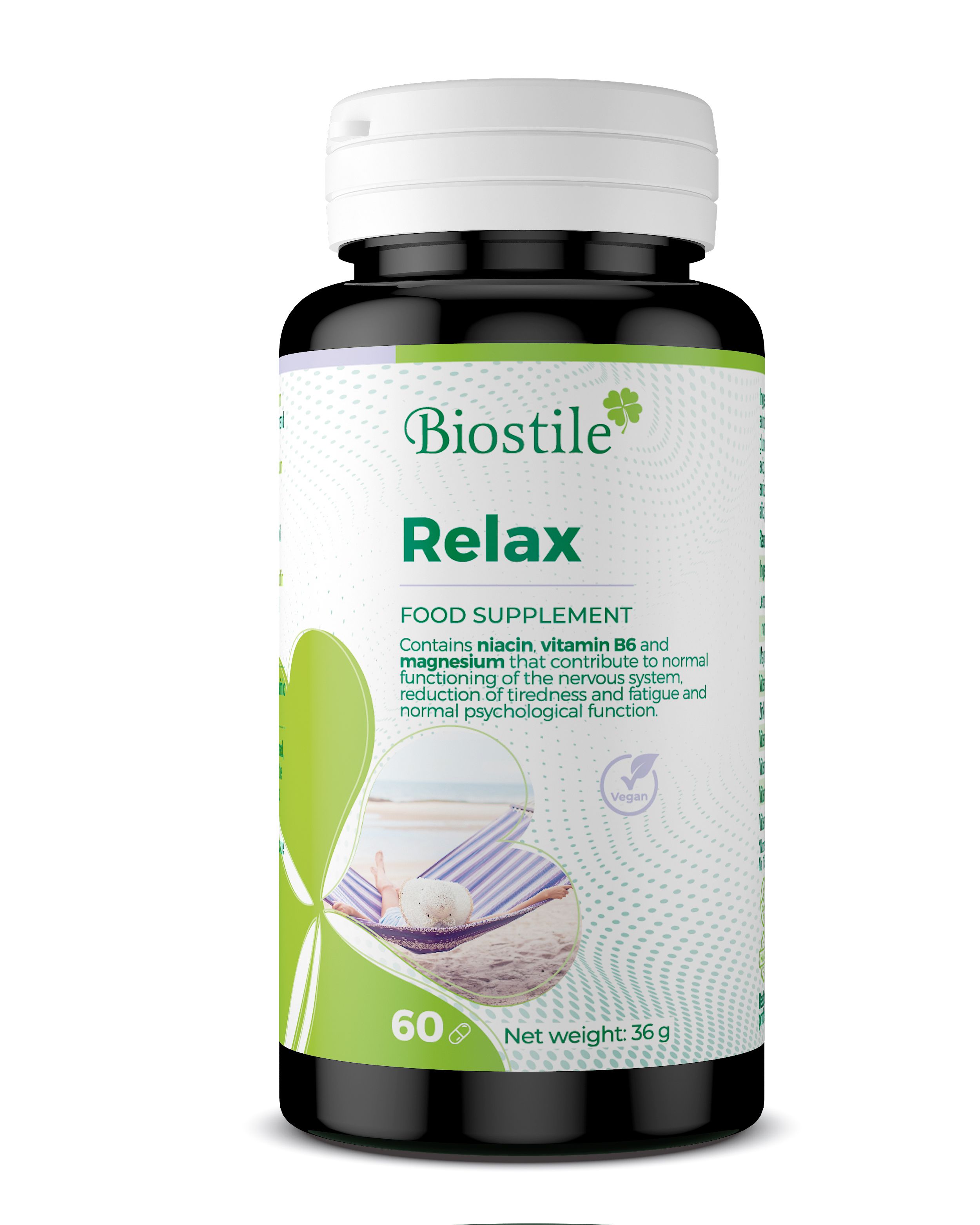 Biostile Relax Nahrungsergänzungsmittel in dunkler Flasche mit weißem Deckel, 60 Kapseln.