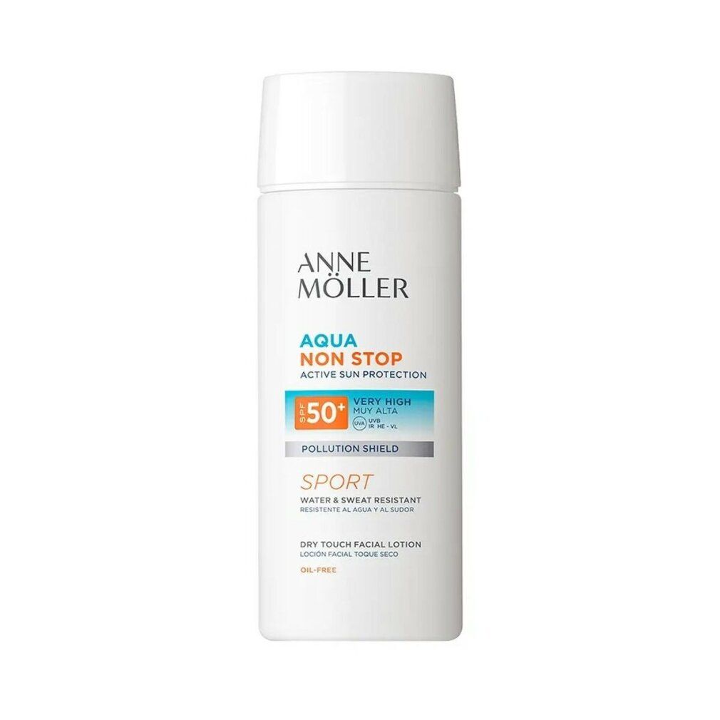 Weiße Flasche mit Produktnamen und SPF50-Kennzeichnung. Text: Aqua Non Stop, Sport, Dry Touch Facial Lotion.