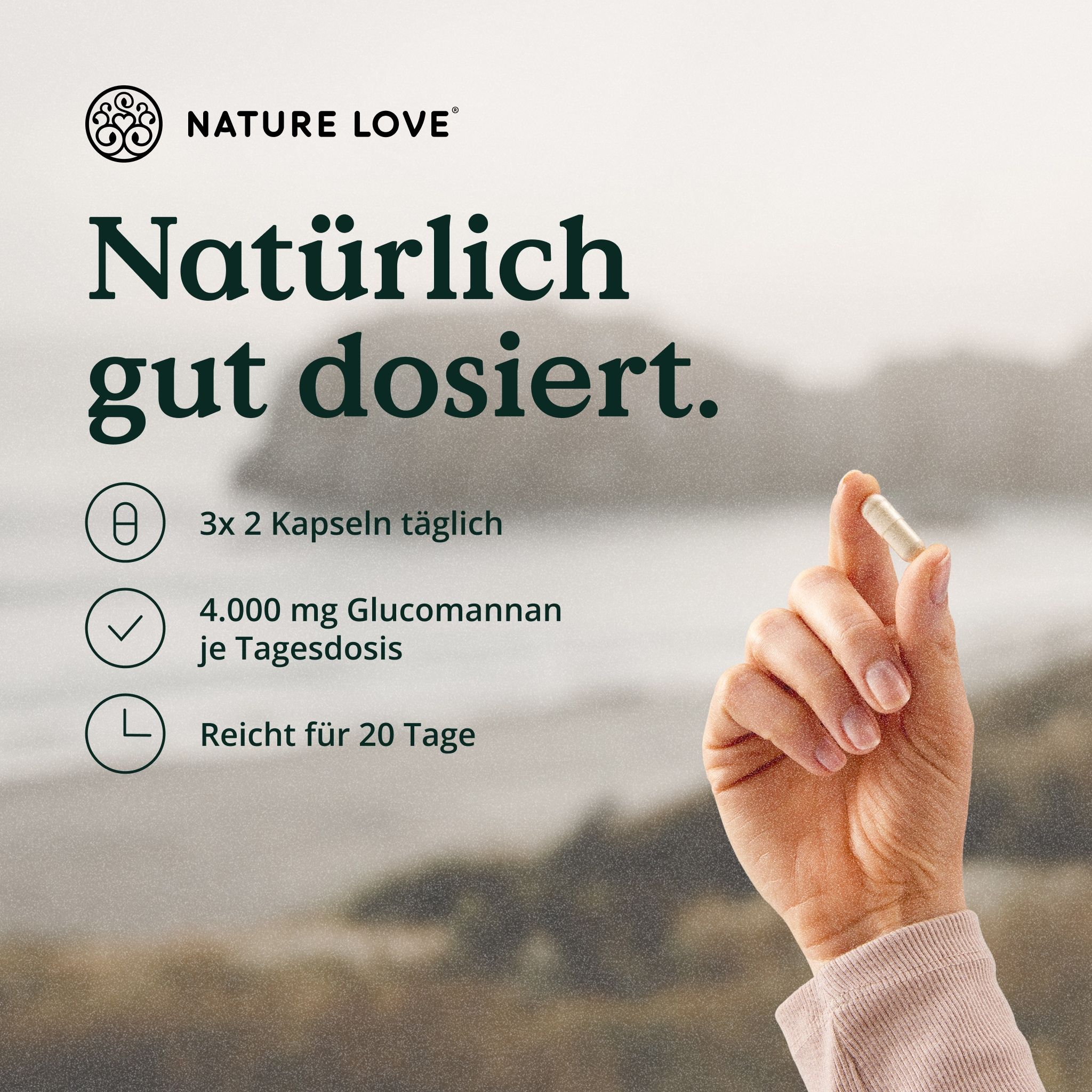 Hand hält eine Kapsel. Text: 3 x 2 Kapseln täglich, 4.000 mg Glucomannan je Tagesdosis, reicht für 20 Tage.