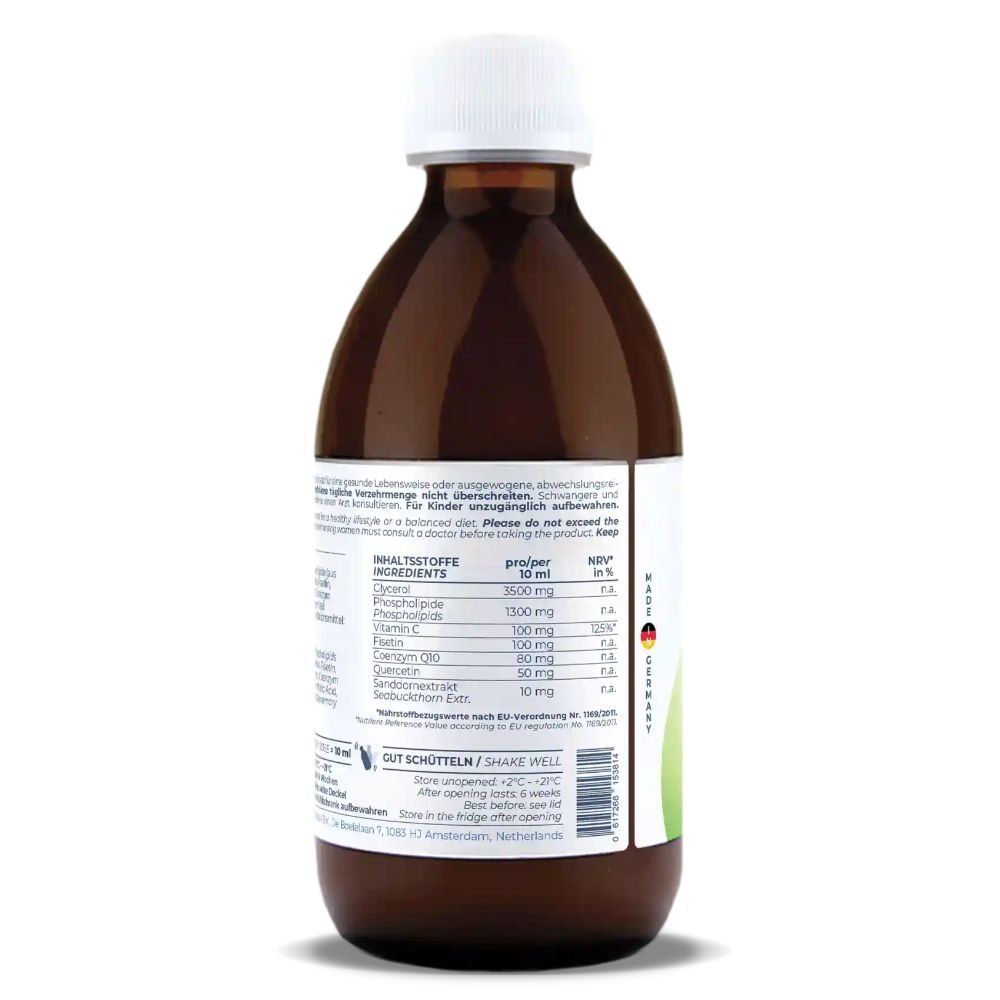 Rückseite einer braunen Glasflasche mit weißem Deckel. Text: Inhaltsstoffe, Nährwertangaben, Herstellerinformationen und QR-Code.