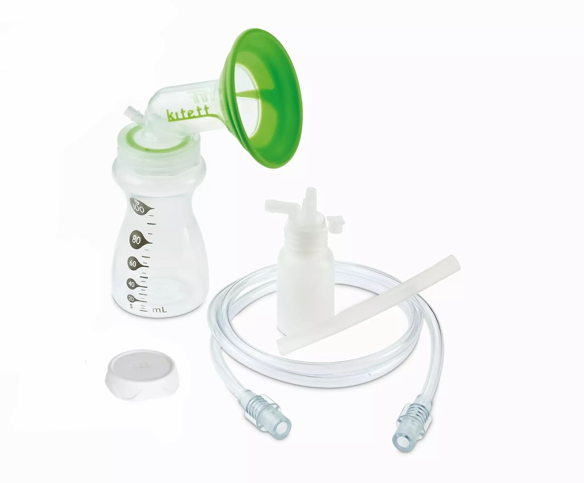 Brustpumpe mit Flasche, Trichter, Schlauch, Verschluss und Zubehör. Grün-transparente Elemente. Aufschrift kitett.