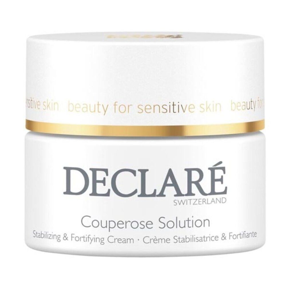 Weißes Tiegel mit goldfarbenem Rand. Schriftzug: DECLARÉ Couperose Solution. Text: Stabilizing & Fortifying Cream.