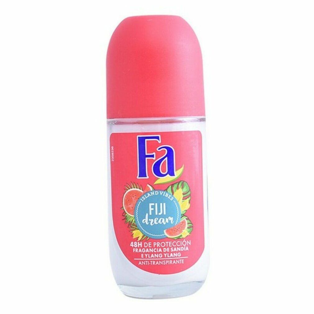 Deo-Roller mit rosa Kappe. Aufkleber mit "Fa", "Fiji dream", Wassermelone und Ylang-Ylang-Motiv. Anti-Transpirant.