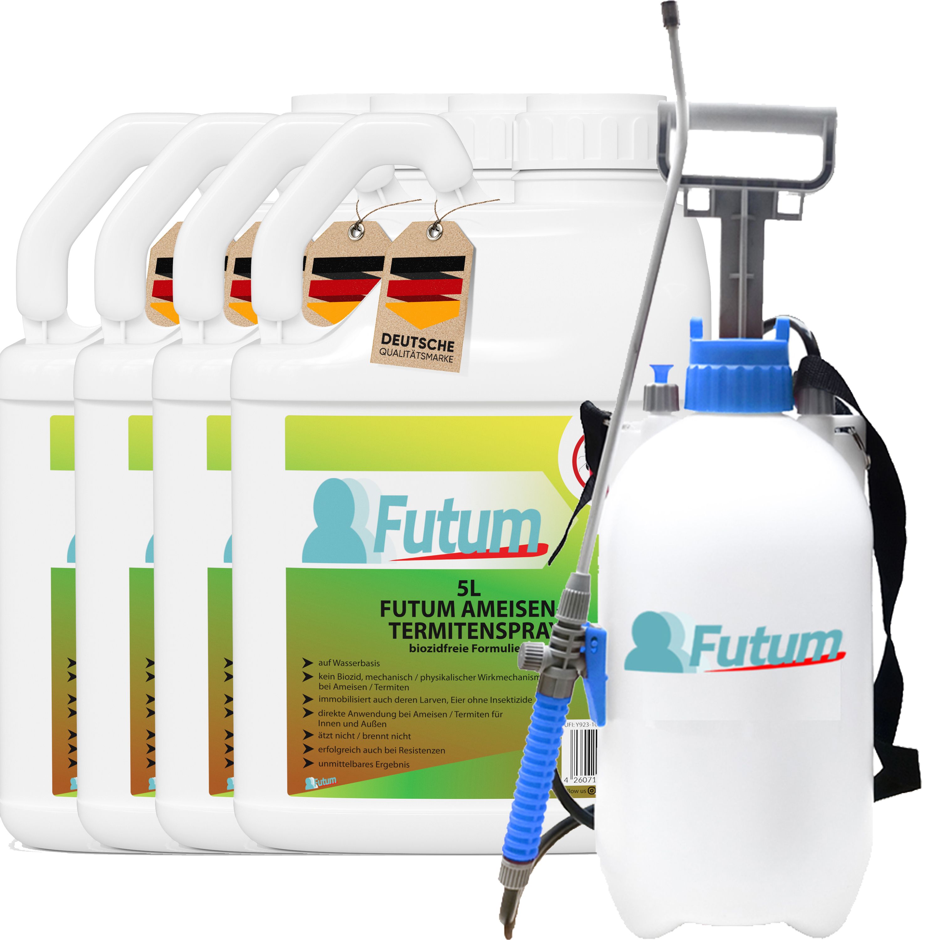 FUTUM 4x5L Ameisen- / Termitenspray mit 5L Sprüher. Vier Kanister, ein großer Kanister und ein Sprühgerät. Deutsche Qualitätsmarke.