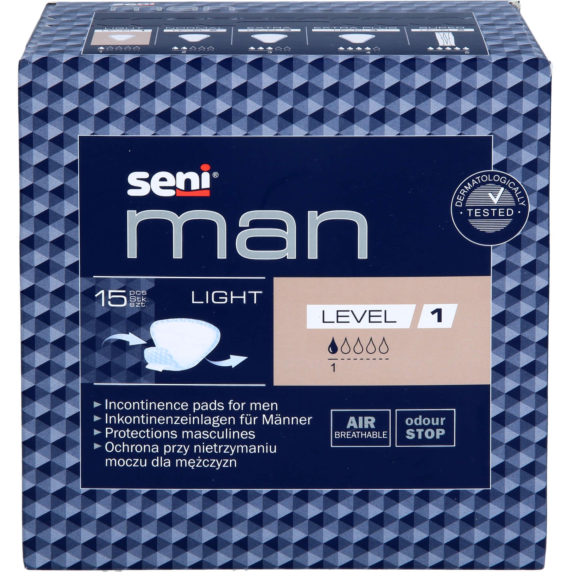 Verpackung Seni Man Light Level 1. 15 Stück. Inkontinenzeinlagen für Männer. Dermatologisch getestet. Luftdurchlässig und geruchsneutral.