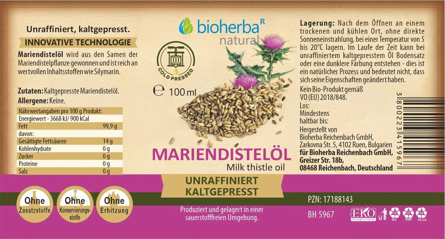 Bioherba Mariendistelöl  Bio - kaltgepresst  unraffiniert