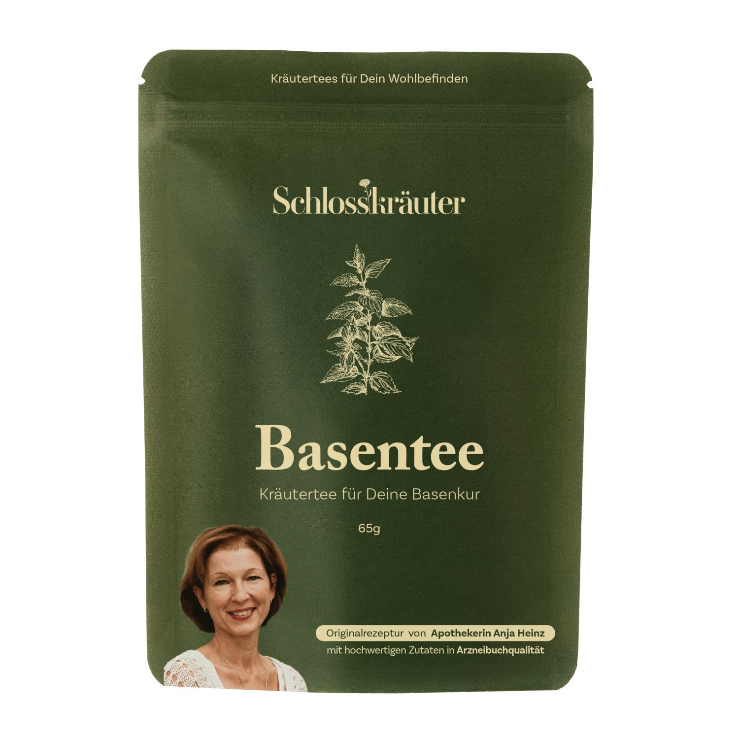 Grüne Verpackung von Schlosskräuter Basentee. Text: Basentee, Kräutertee für Deine Basenkur, 65g.
