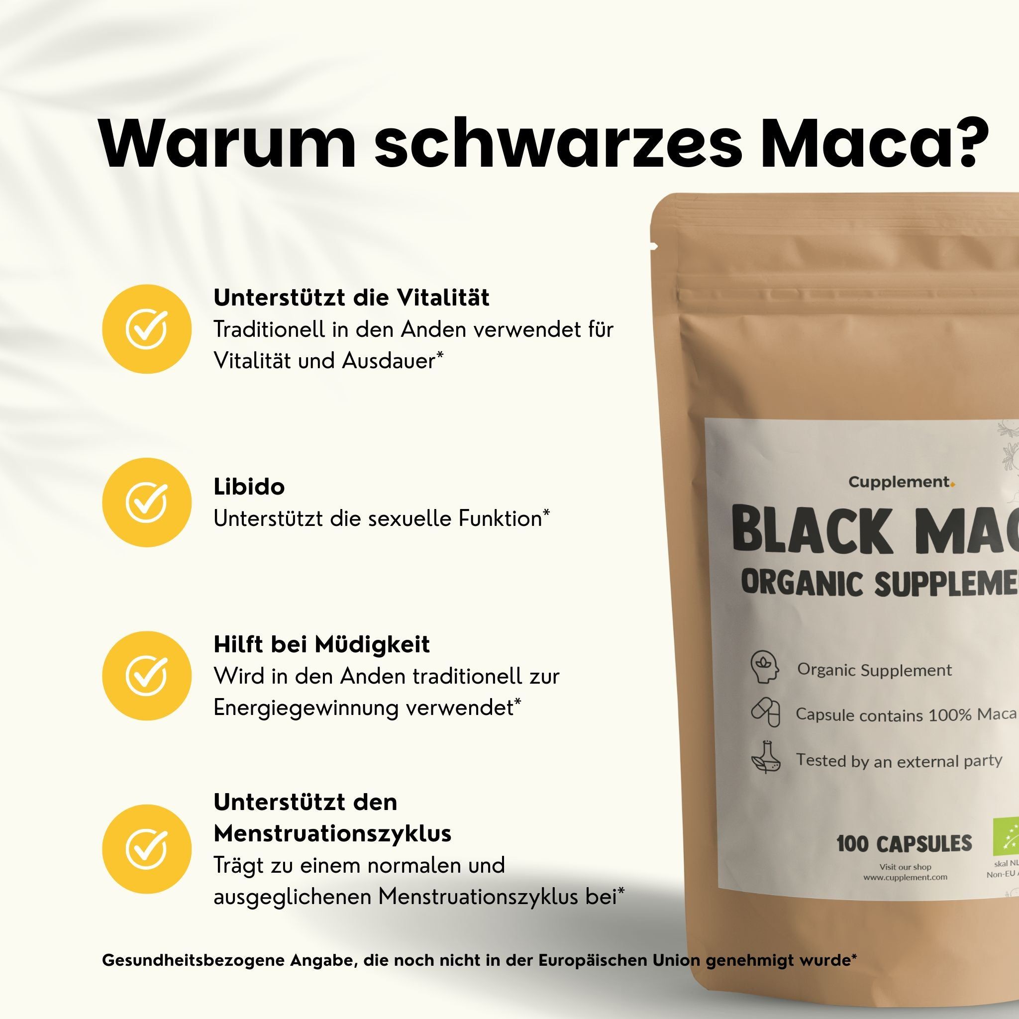 Grafik mit Text: Warum schwarzes Maca? Unterstützt die Vitalität. Libido. Hilft bei Müdigkeit. Menstruationszyklus.