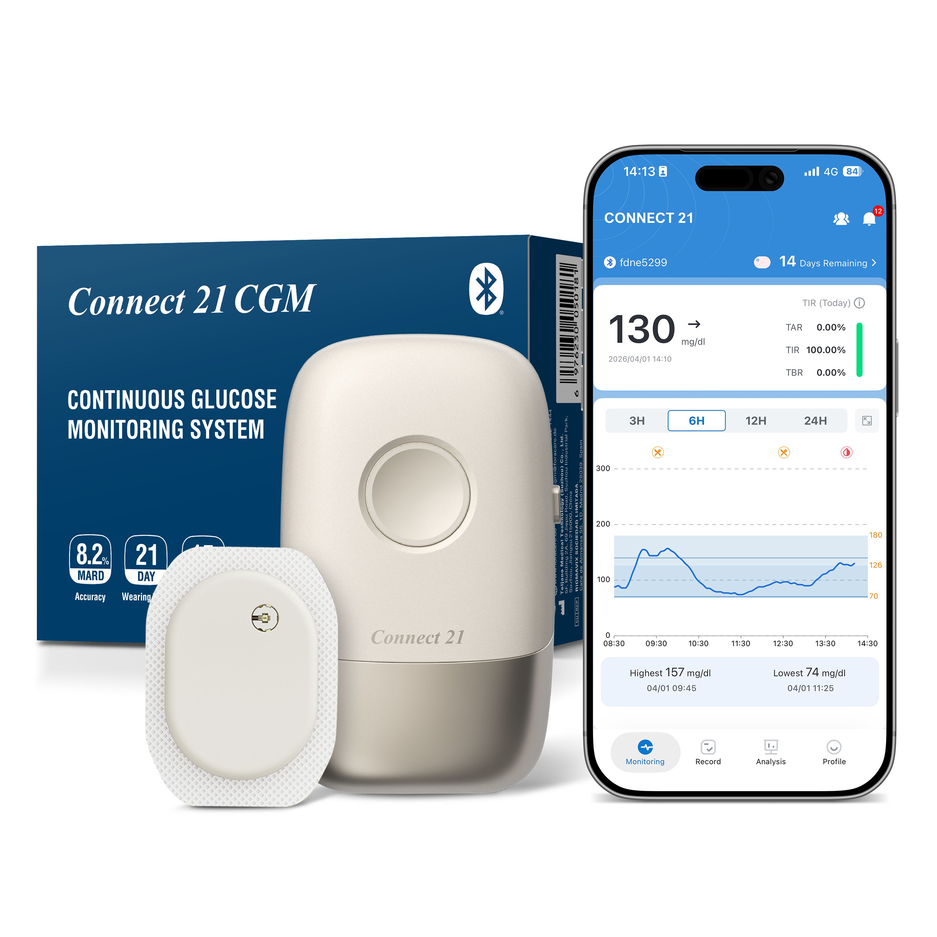 Connect 21 CGM System: Sensor, Transmitter und Smartphone-App mit Glukosewerten und Graphen.