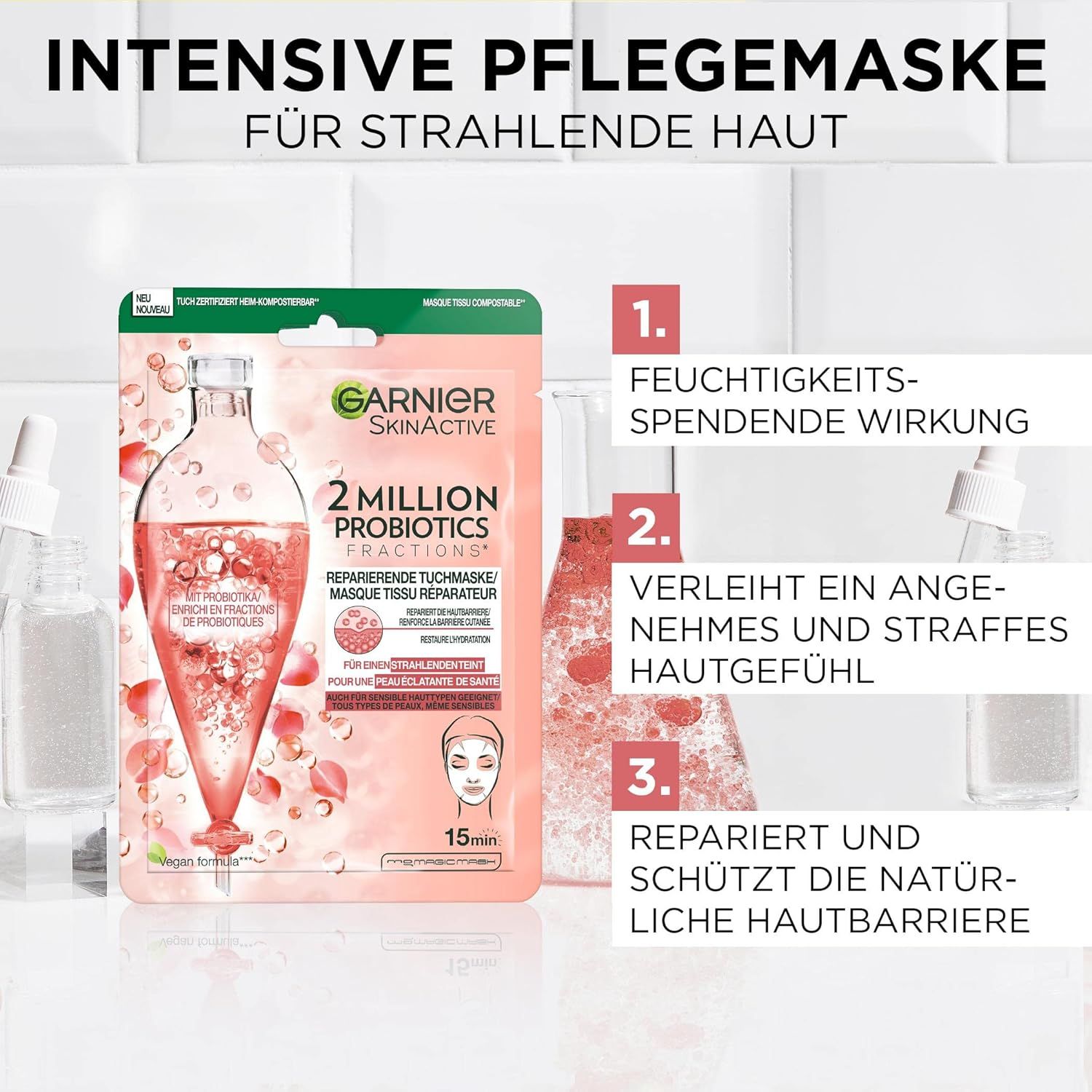 Garnier SkinActive 2 Million Probiotics Gesichtsmaske. Produktabbildung mit Text und 3 Vorteilen: feuchtigkeitsspendend, straff, repariert.