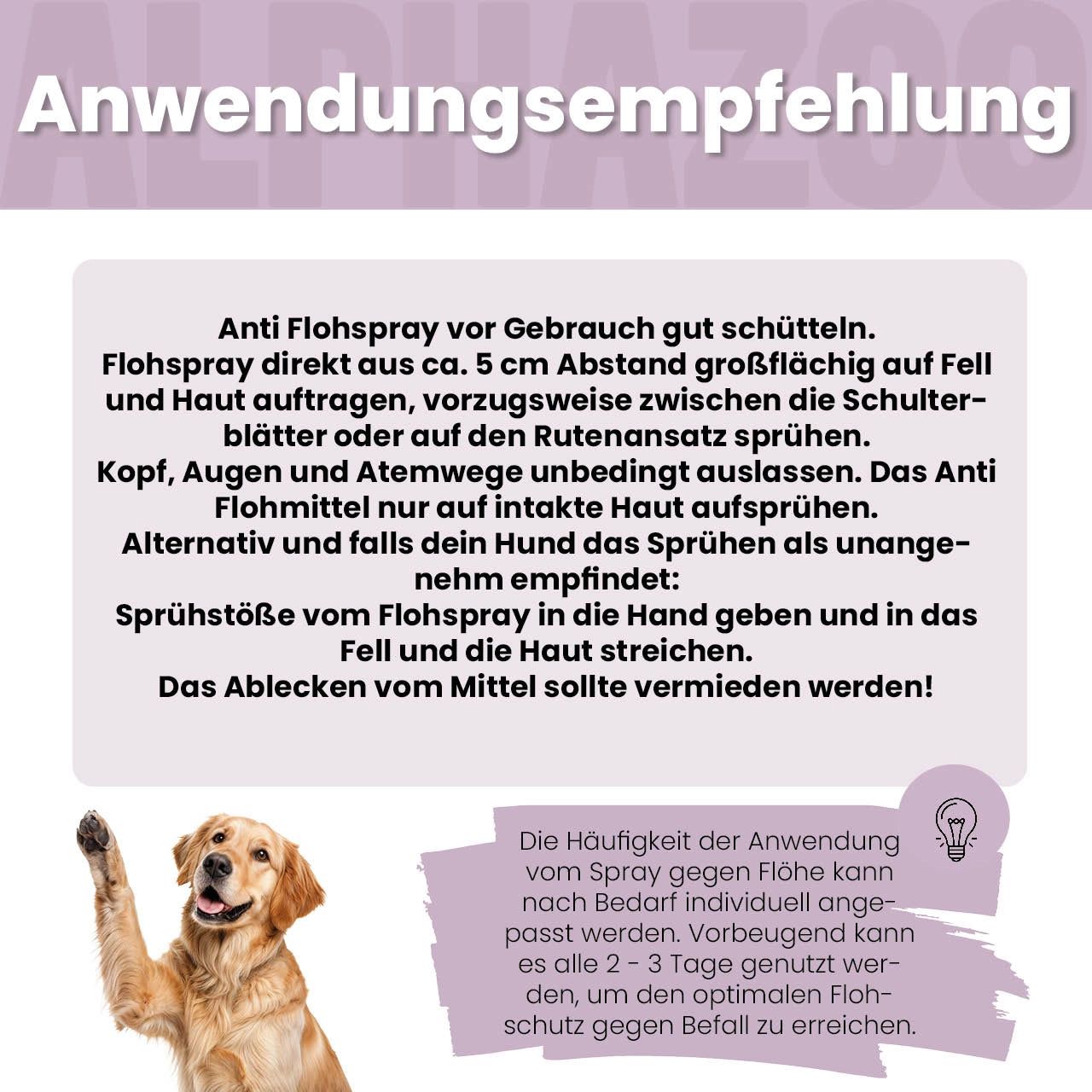 Anwendungsempfehlung. Text: Flohspray vor Gebrauch schütteln. Auf Fell auftragen. Kopf, Augen und Atemwege auslassen. Hund.
