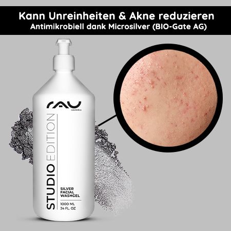 Weiße Flasche mit Pumpe. Text: STUDIO EDITION, RAU Cosmetics, Silver Facial Washgel. Kreis mit Hautausschnitt und Akne.