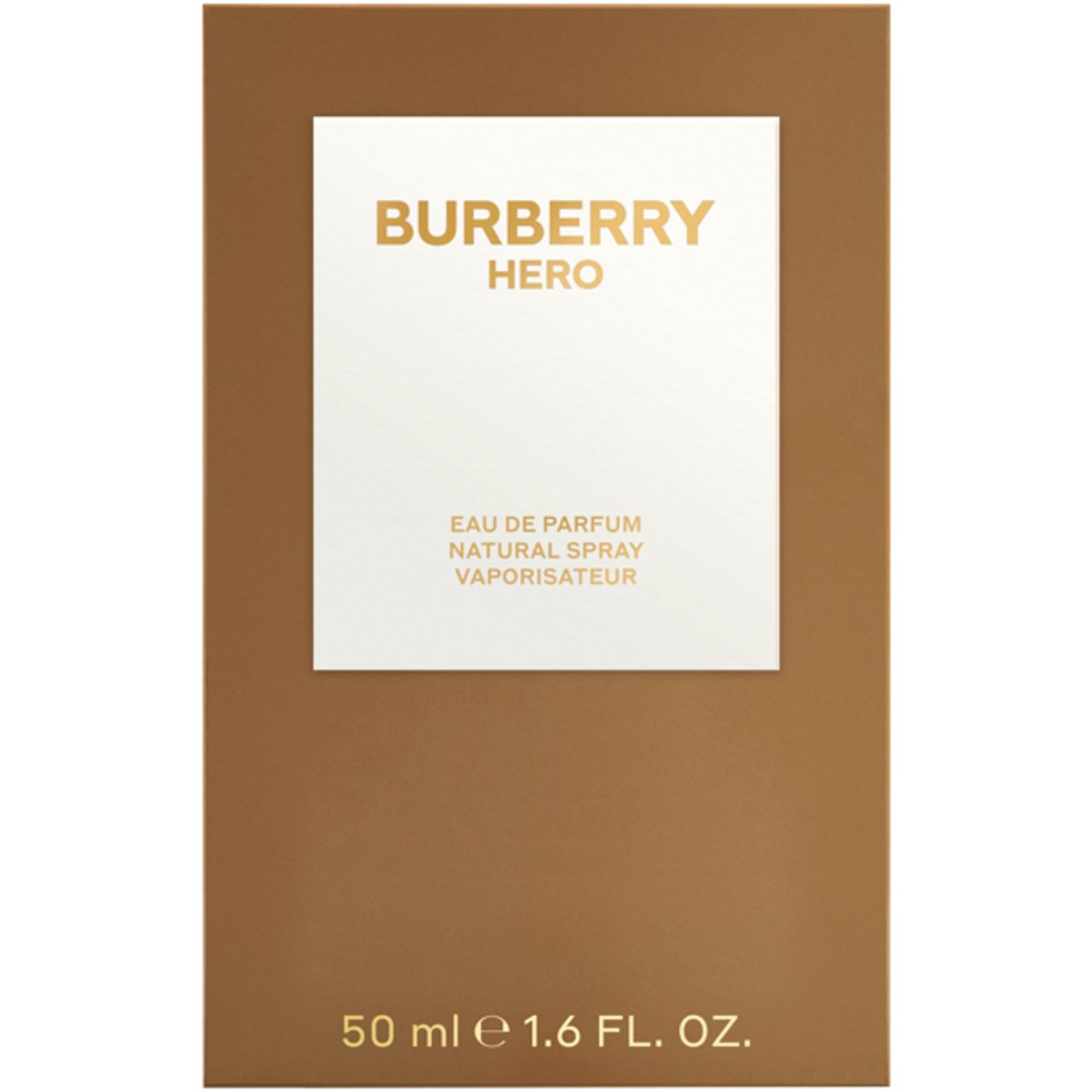 Burberry Hero E.d.P. Nat. Spray. Verpackung in Braun- und Weißtönen. Goldener Schriftzug. 50 ml e 1.6 FL. OZ.