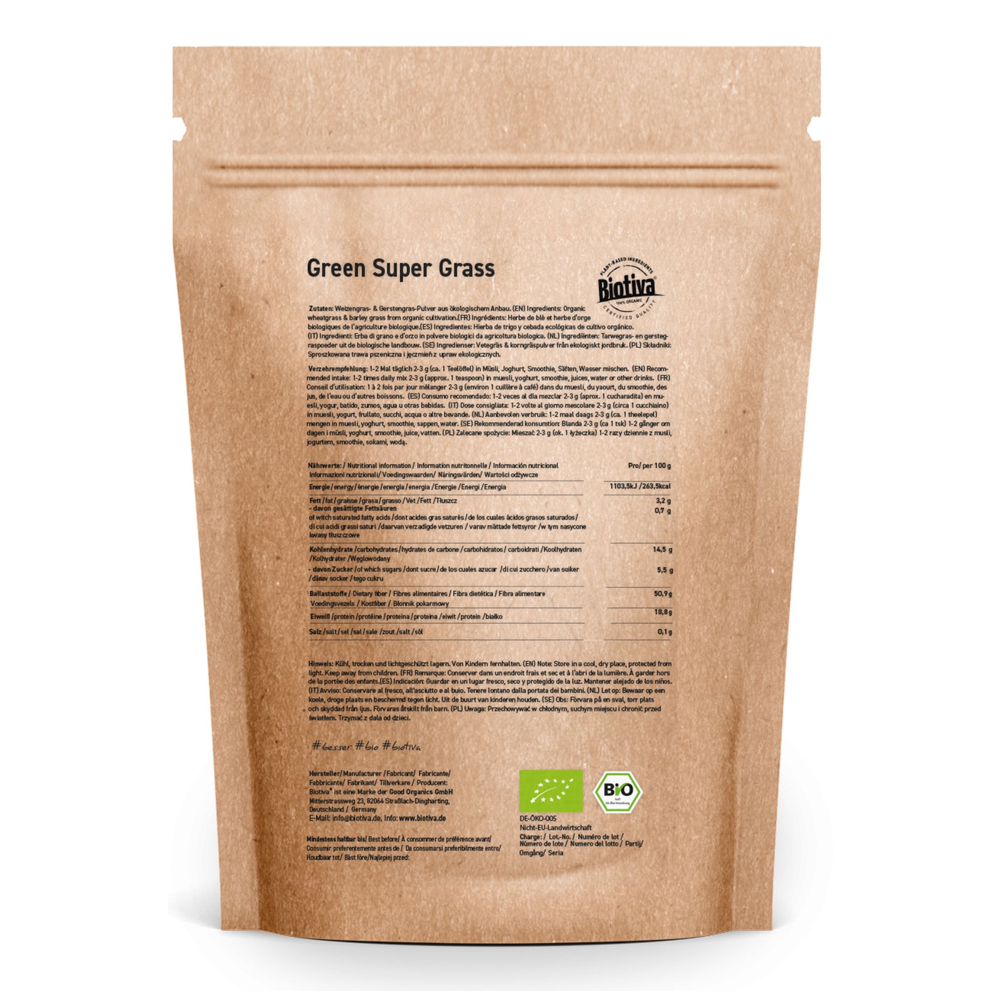 Braune Papierverpackung mit Produktinformationen und Bio-Siegel. Text in Deutsch, Inhaltsstoffe und Nährwerte. Biotiva Green Super Gras Pulver Bio.