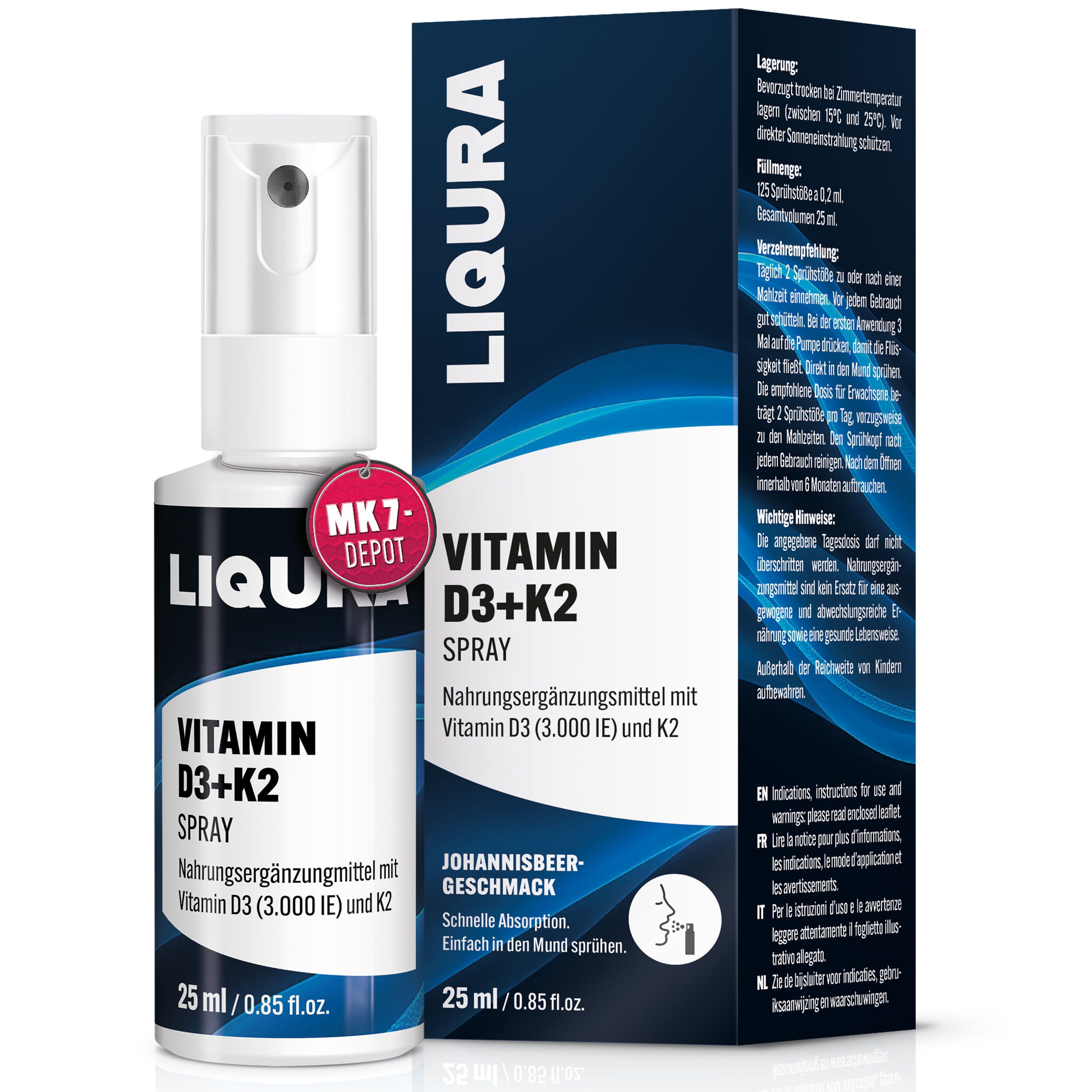 LIQURA Vitamin D3+K2 Spray und Verpackung. Flasche und Schachtel mit Produktinformationen. 25 ml.
