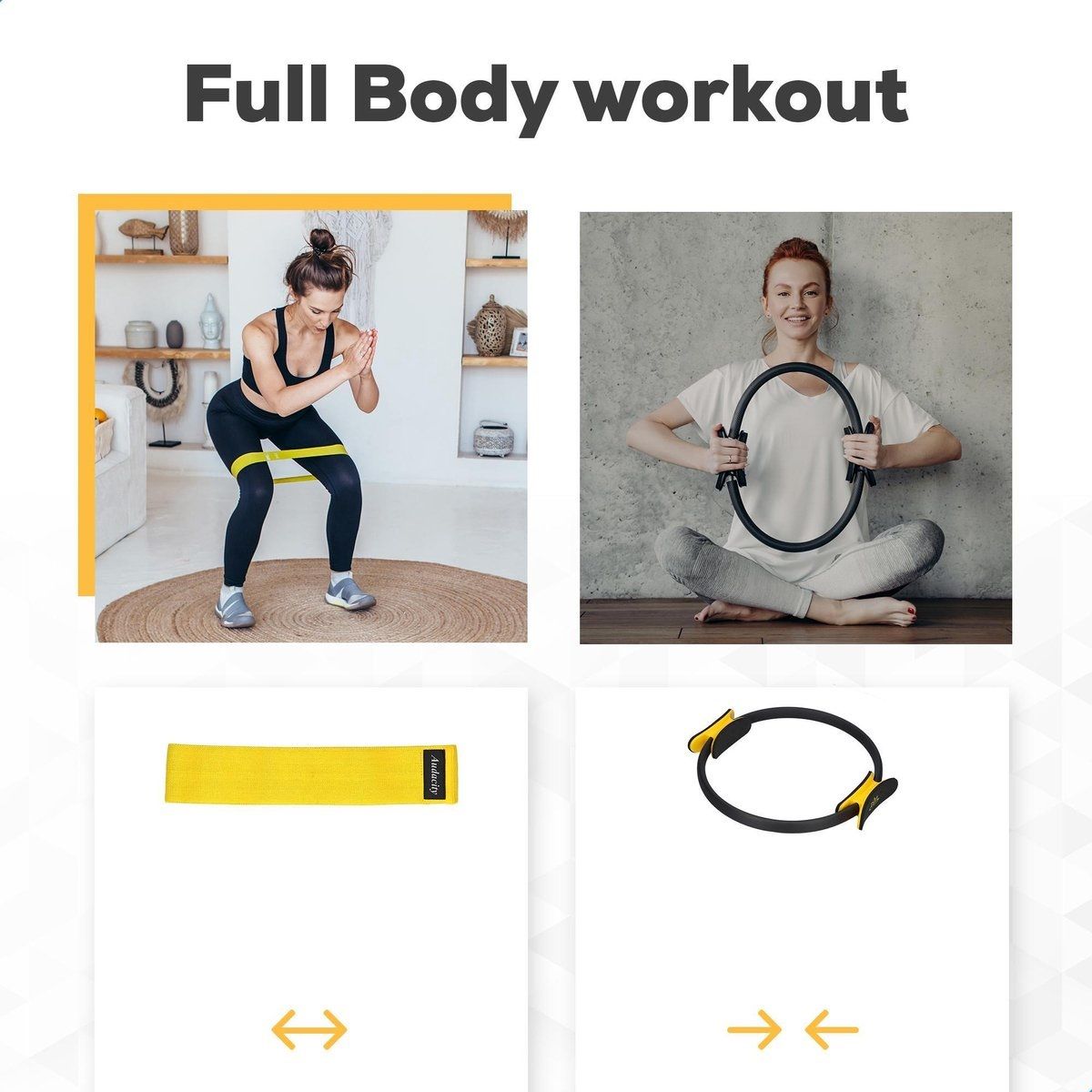 Gelbes Widerstandsband und Pilates-Ring mit gelben Griffen. Frau beim Training mit Ring. Frau beim Training mit Band.