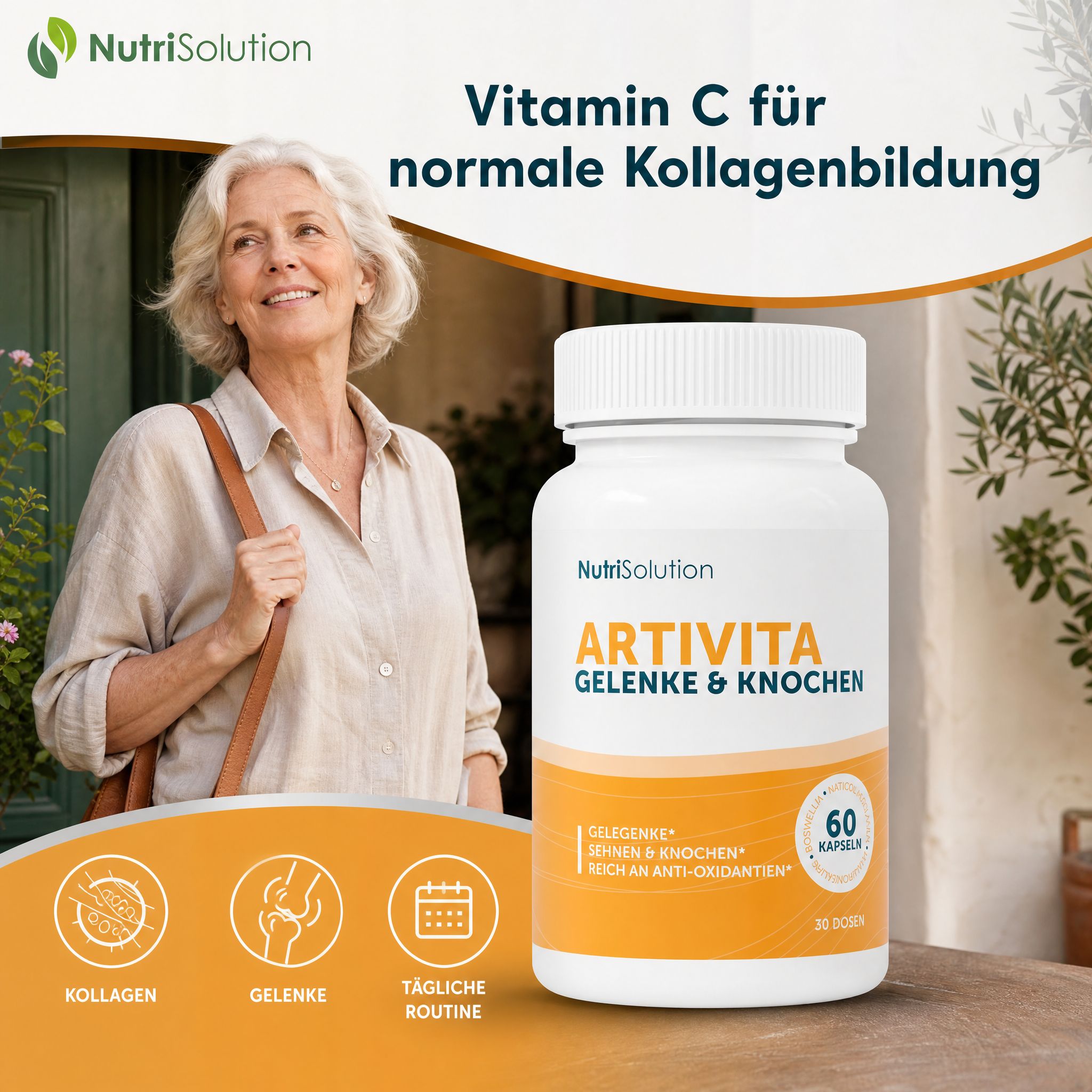 NutriSolution Artivita Kapseldose neben einer lächelnden älteren Frau. Vitamin C für normale Kollagenbildung.