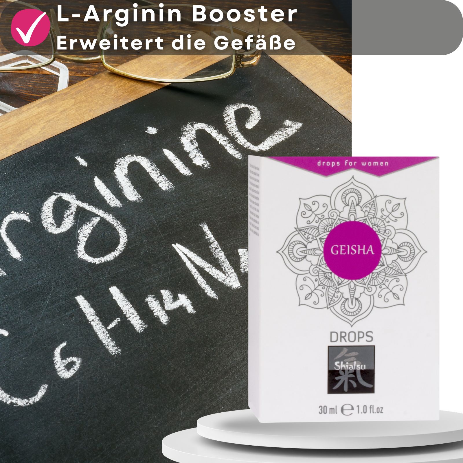 Produktverpackung neben einer Tafel. Aufschrift: GEISHA DROPS. Checkliste mit L-Arginin.