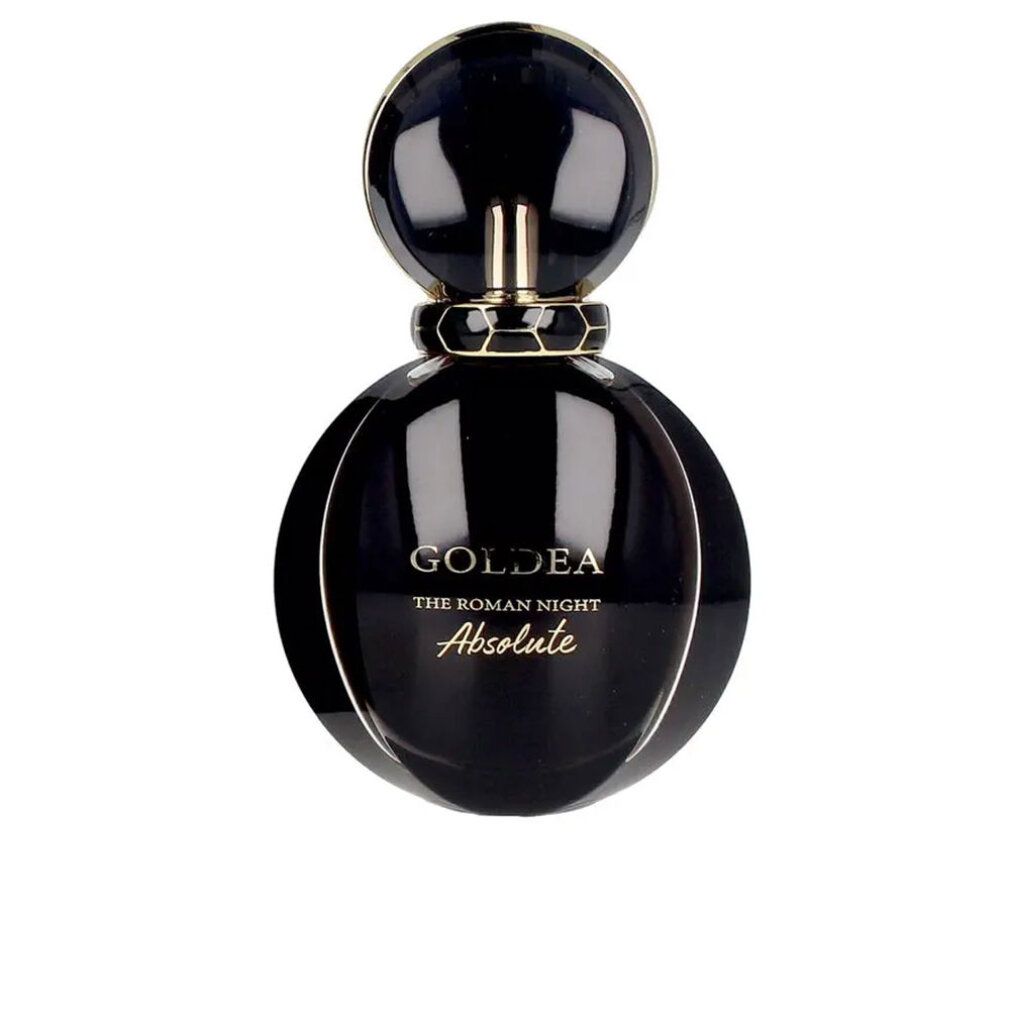 Schwarze Parfümflasche. Runde Form mit goldenem Deckel. Produktname Goldea The Roman Night Absolute.