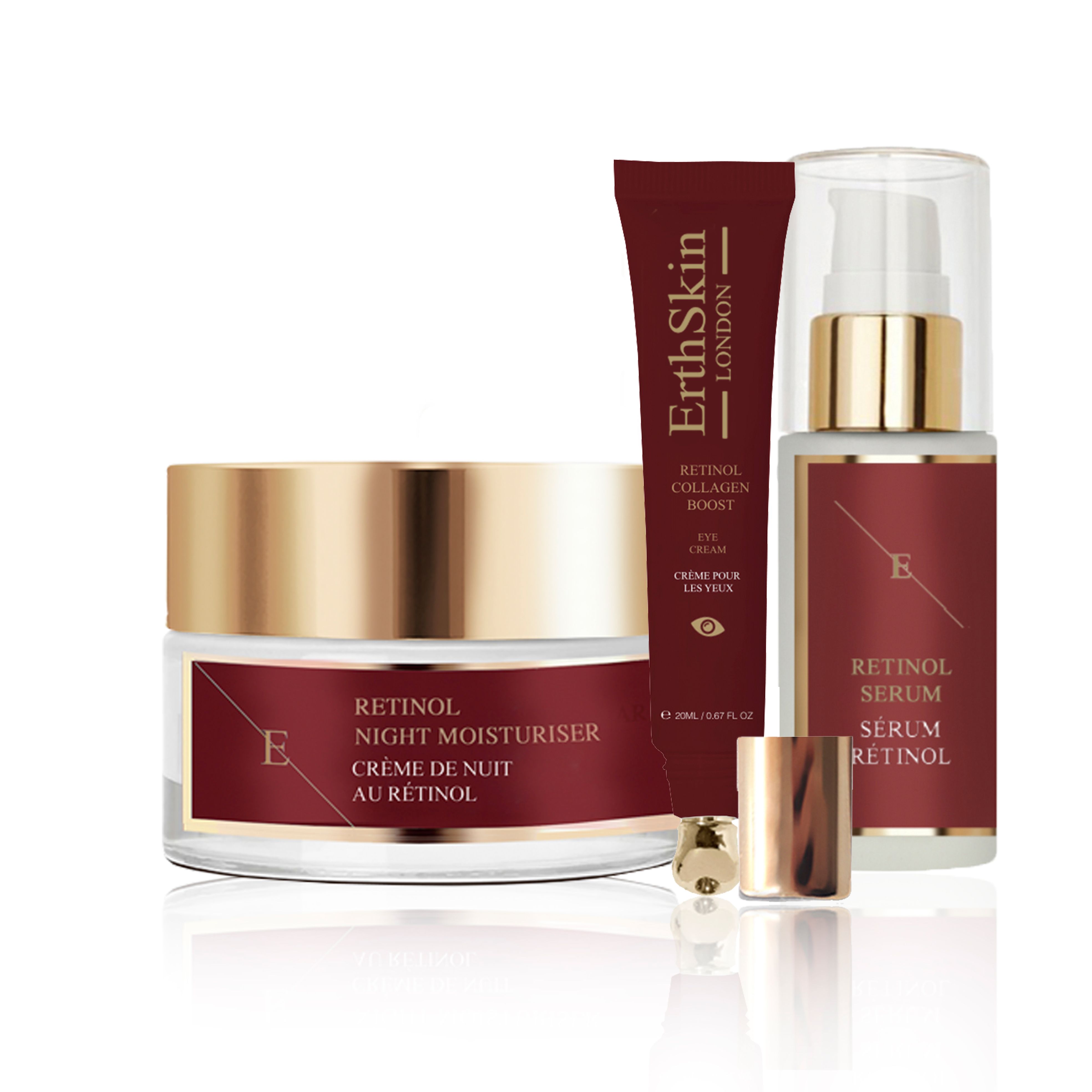 Set mit ErthSkin London Retinol-Augencreme, Nacht-Feuchtigkeitscreme und Serum. Rote und goldene Verpackung.