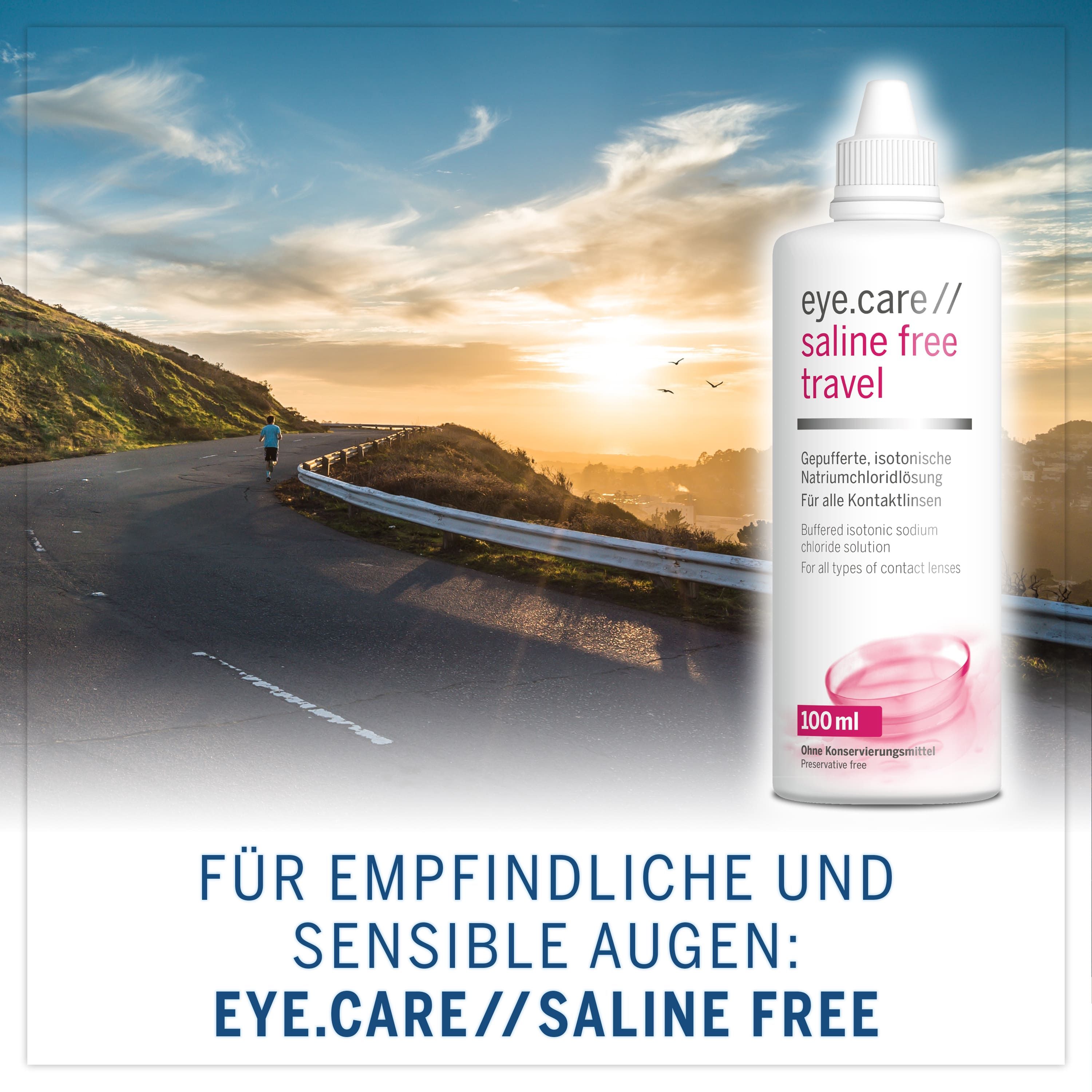 eye.care saline free travel Flasche vor Landschaft. Text: Für empfindliche und sensible Augen: eye.care saline free.