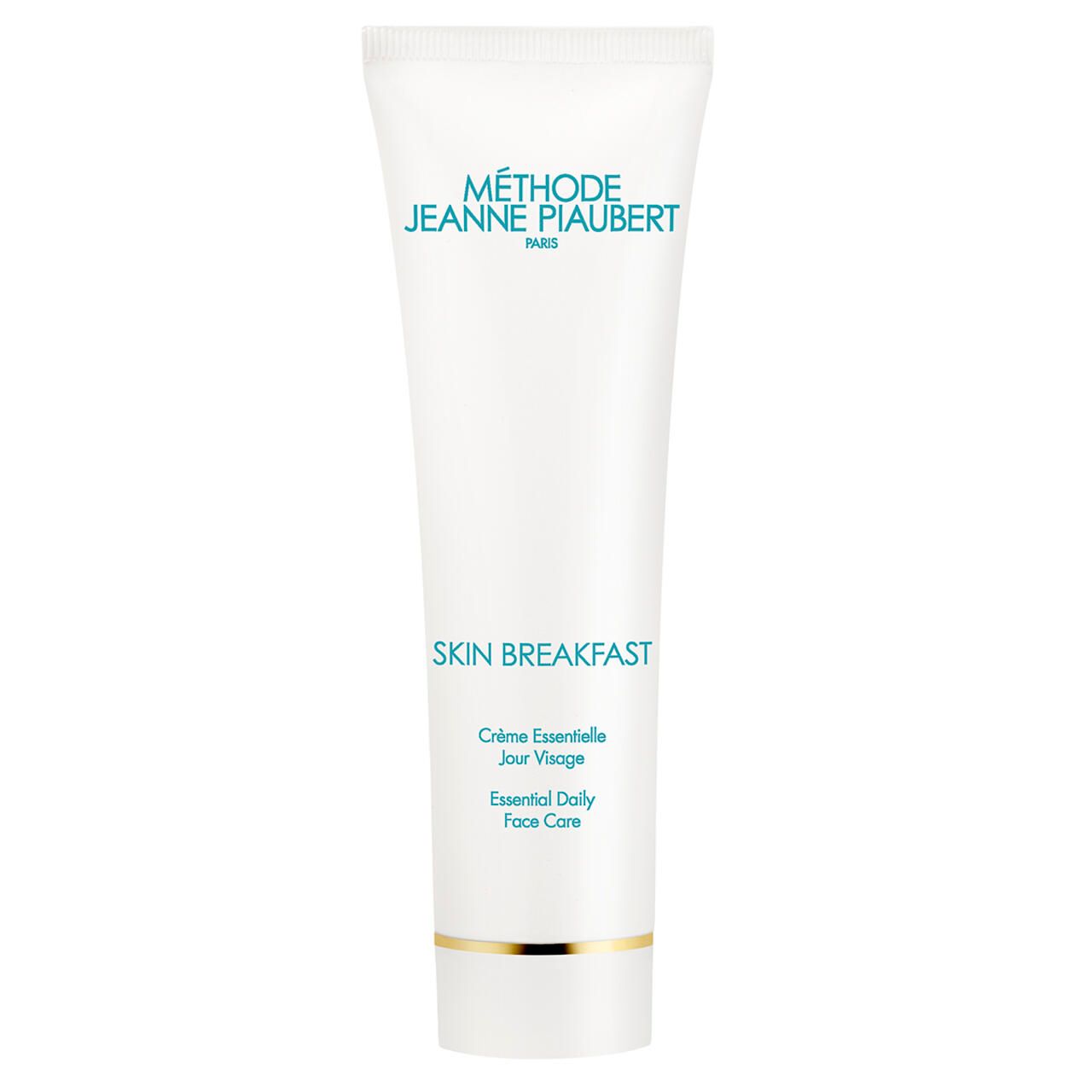 Weiße Tube mit blauer und goldener Schrift. Aufschrift: SKIN BREAKFAST, Crème Essentielle Jour Visage, Essential Daily Face Care. Marke: Jeanne Piaubert.
