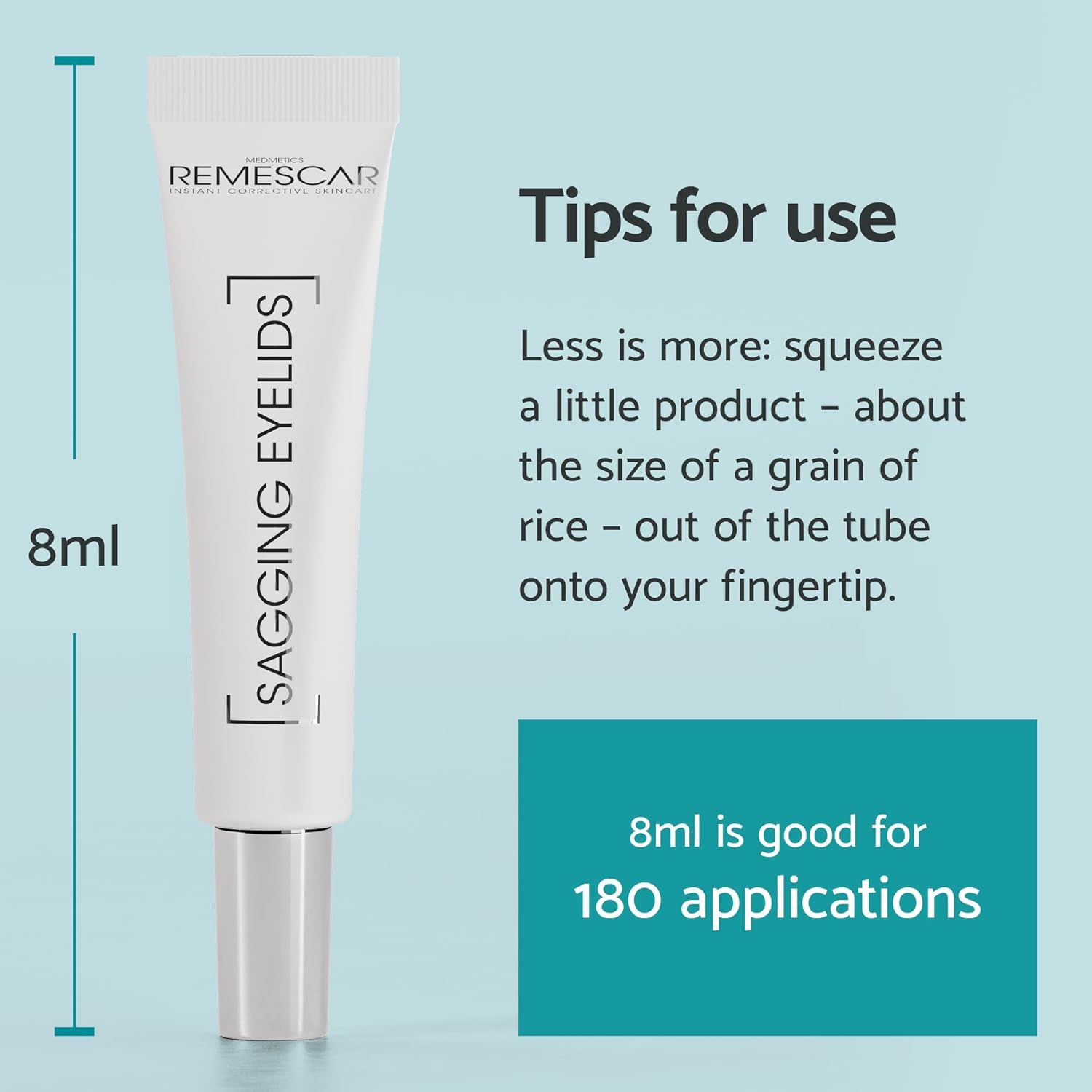 Tube Remescar Schlupflider Augencreme. 8ml, gut für 180 Anwendungen. Text: 'Tipps zur Anwendung'.