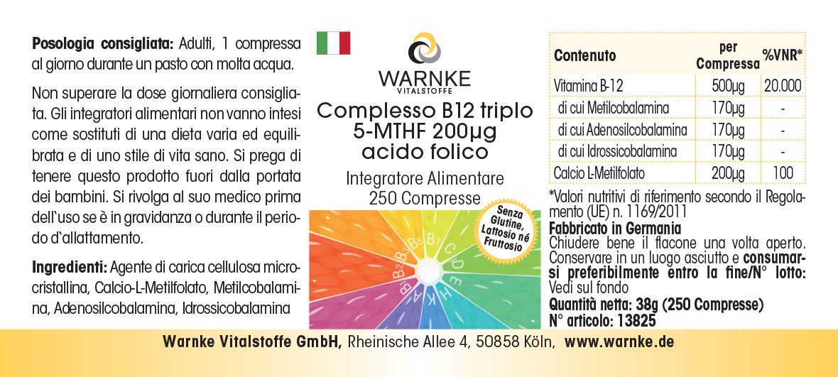 Etikett mit Produktinformationen. Aufschrift: WARNKE Vitalstoffe, Complesso B12 triplo 5-MTHF 200µg acido folico. 250 Compresse. Inhaltsstoffe und Nährwerte.