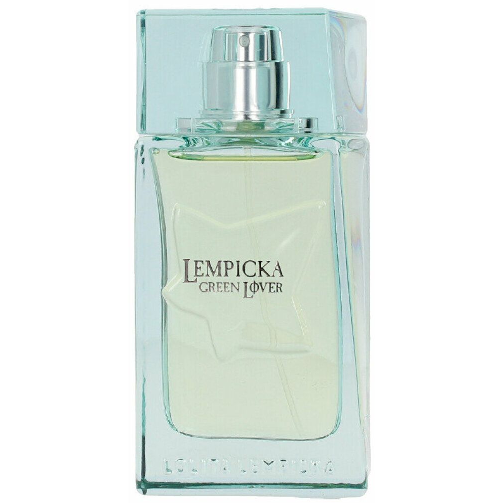 Rechteckiger Flakon mit grünem Duft. Aufschrift: Lempicka Green Lover. Transparenter Deckel und Zerstäuber.
