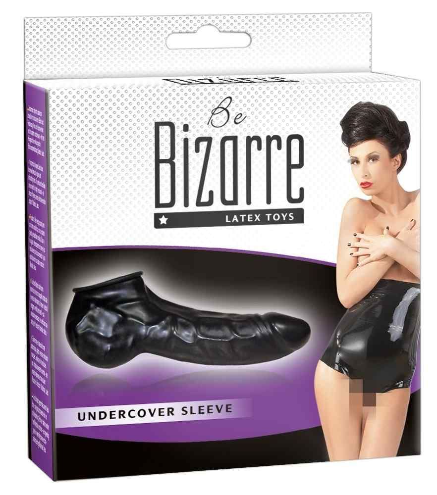 Schwarze Penishülle in Verpackung. Marke: Be Bizarre Latex Toys. Text: Undercover Sleeve. You2Toys Logo. Frau.