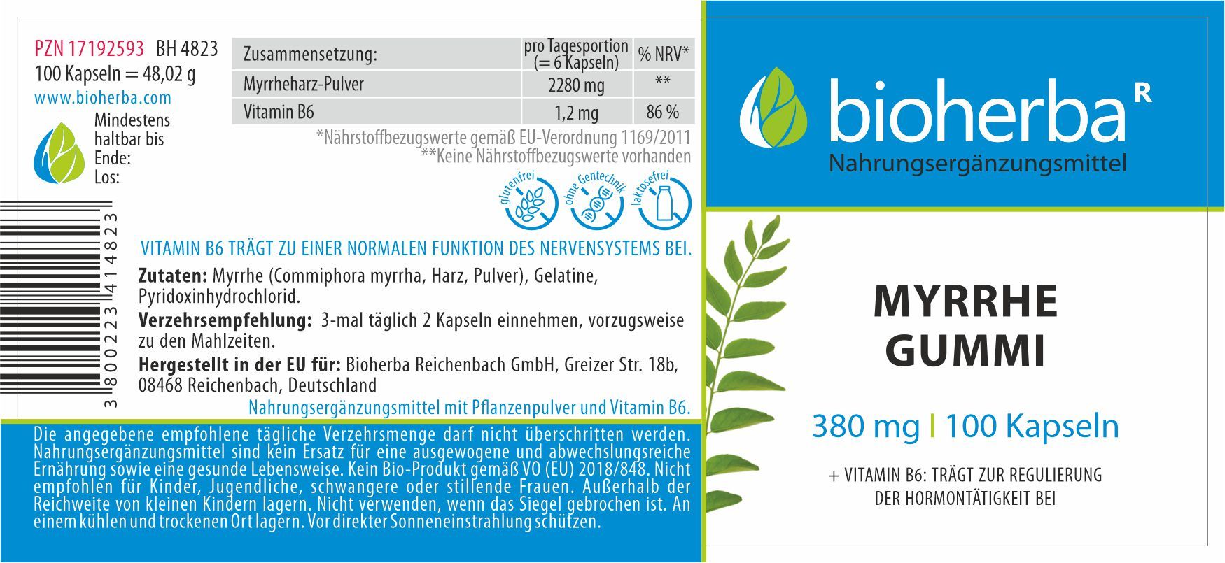 Etikett mit Produktinformationen. Enthält Myrrhe Gummi Kapseln, 380 mg, 100 Kapseln. Bioherba Logo.