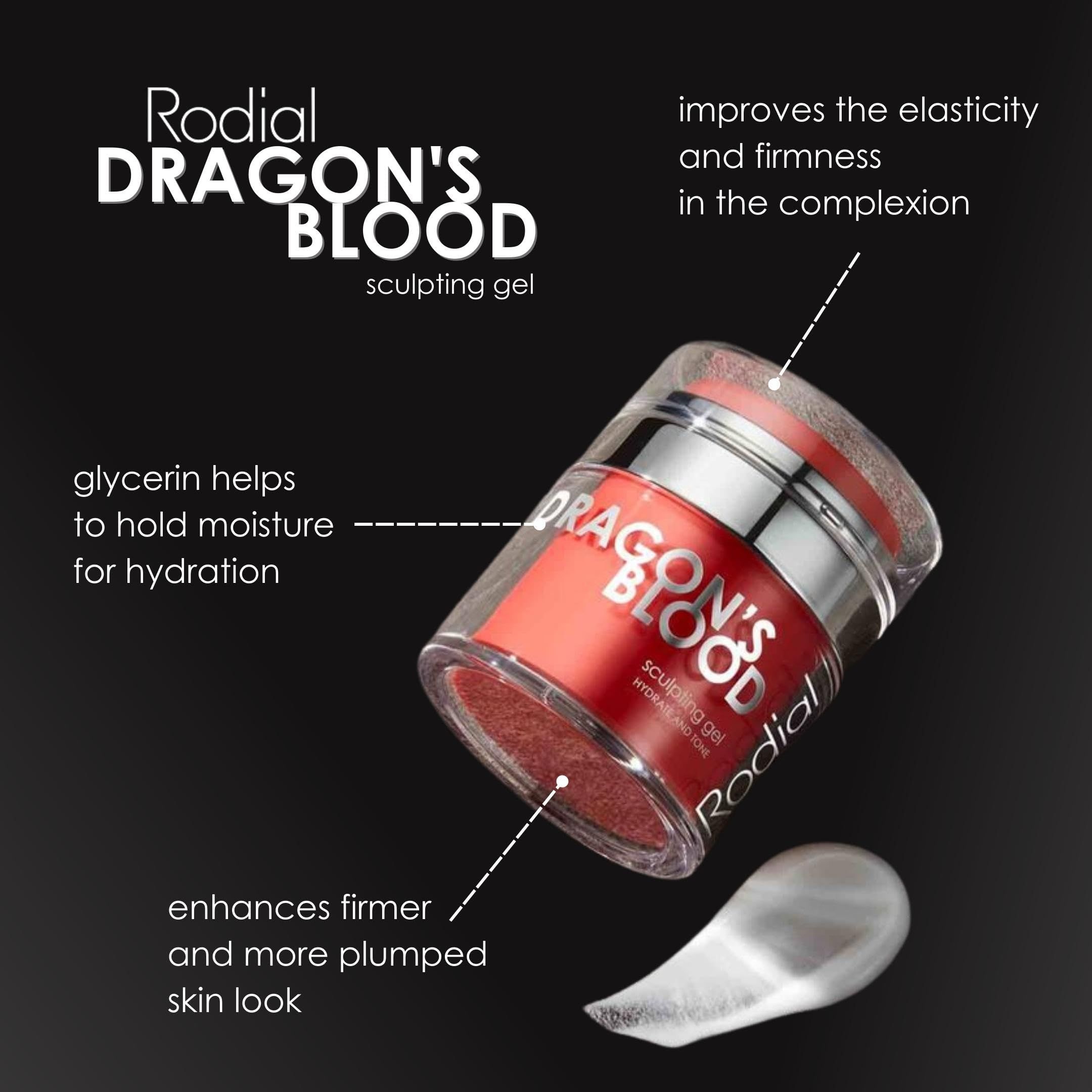 Produkt mit Text und Pfeilen. Text: Rodial DRAGON'S BLOOD sculpting gel. Gel-Tropfen. Schwarzer Hintergrund.
