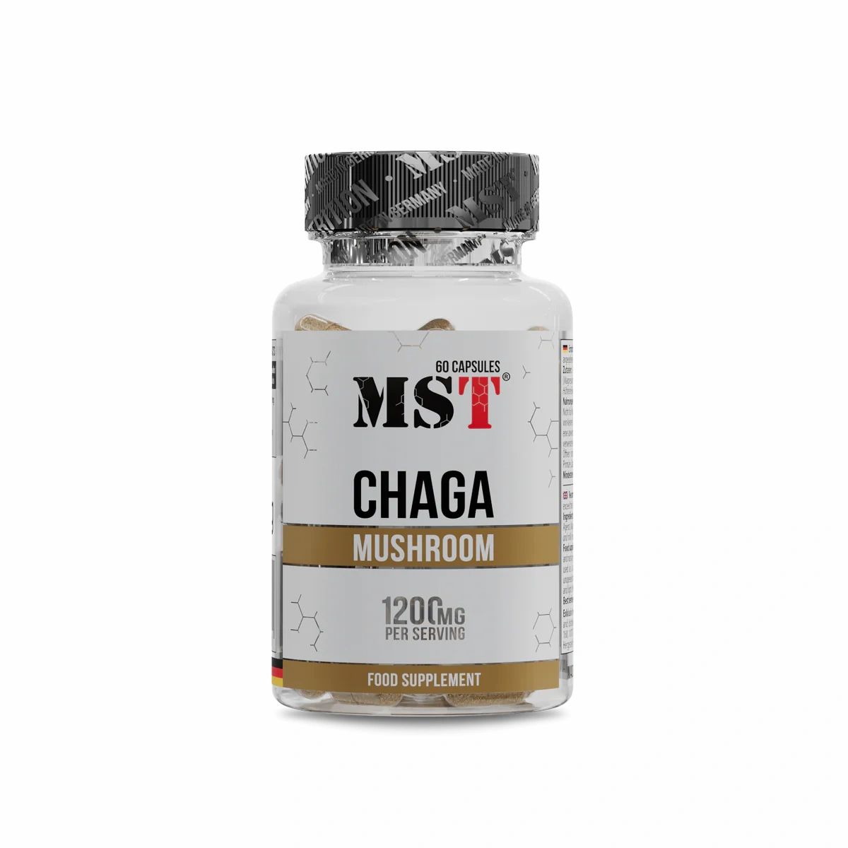 Klare Plastikflasche mit schwarzen Deckel. Aufschrift: MST, Chaga Mushroom, 1200mg pro Portion. Enthält 60 Kapseln.