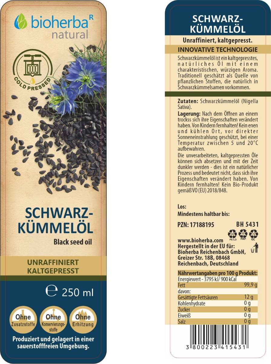 Bioherba Schwarzkümmelöl, kaltgepresst, unraffiniert. Flasche mit Etikett, Text und Illustrationen von Samen und Blüten.