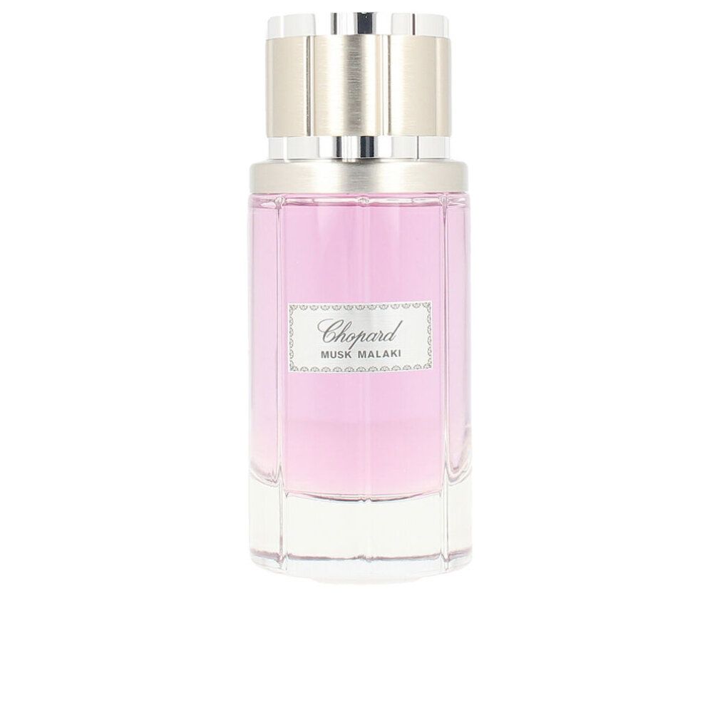 Rosa Flakon mit silbernem Verschluss. Aufschrift Chopard Moschus Malaki.