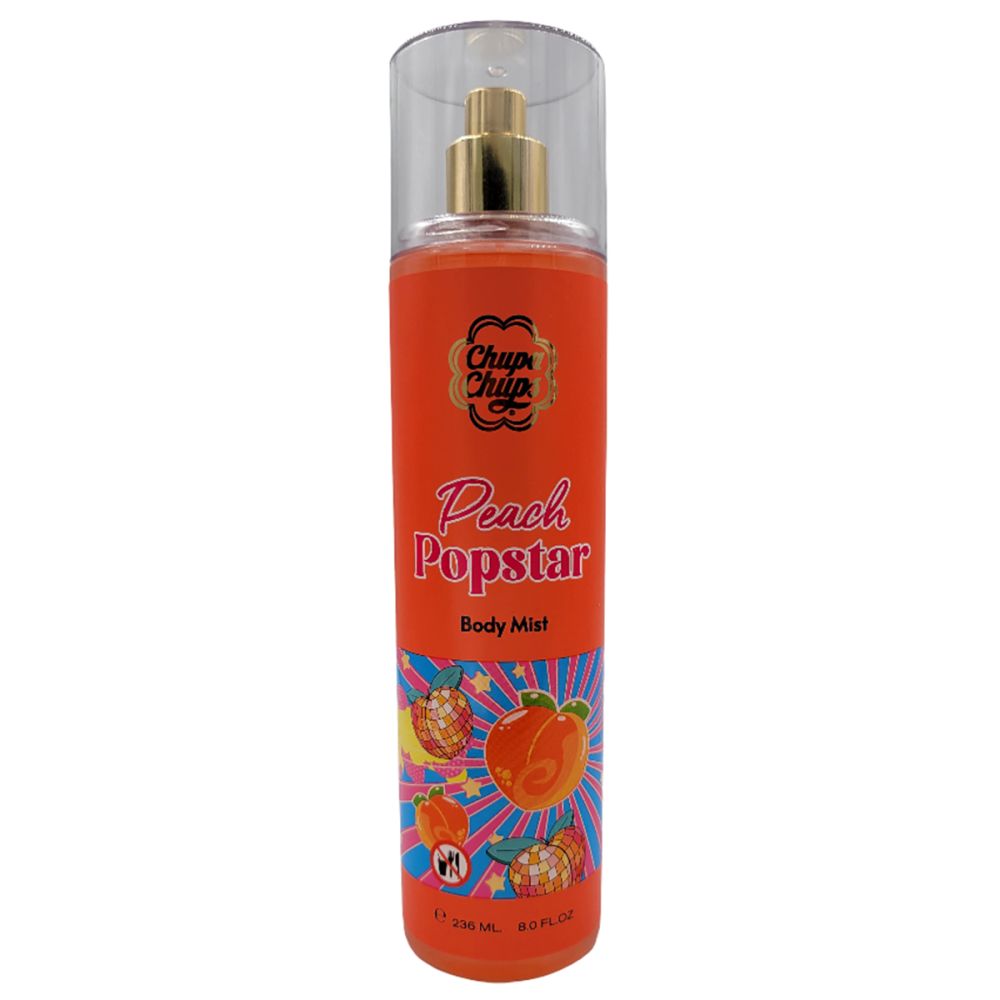 Orangefarbene Flasche mit Peach Popstar-Etikett. Sprühkopf. Aufschrift: Body Mist.