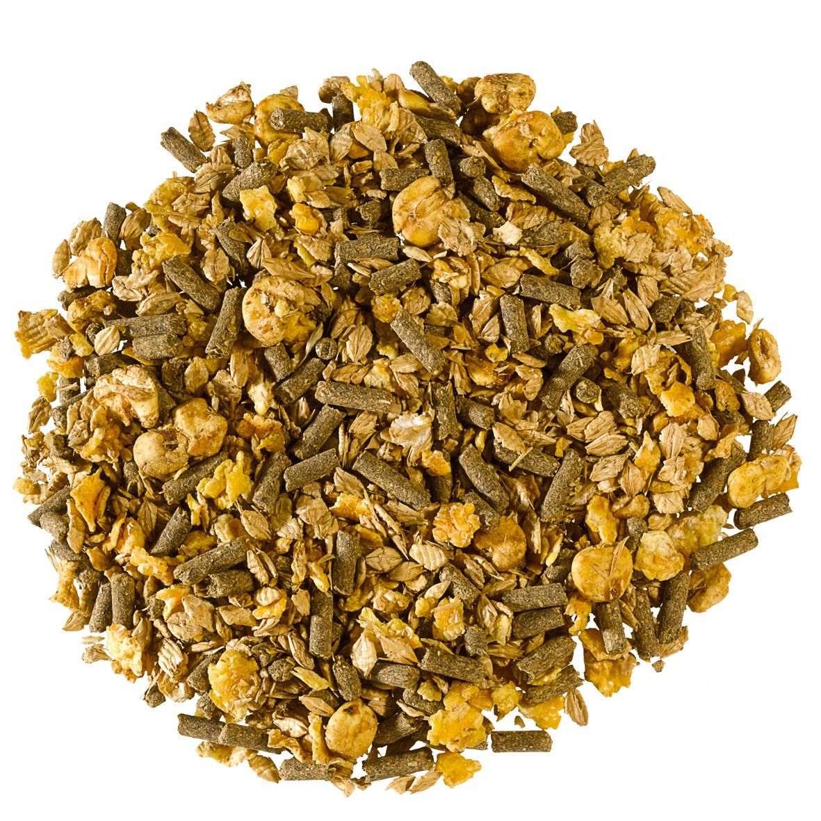 Haufenförmiges Pferdefutter mit verschiedenen Bestandteilen: Pellets, Flocken und Körner. Gelb-braune Farbgebung.