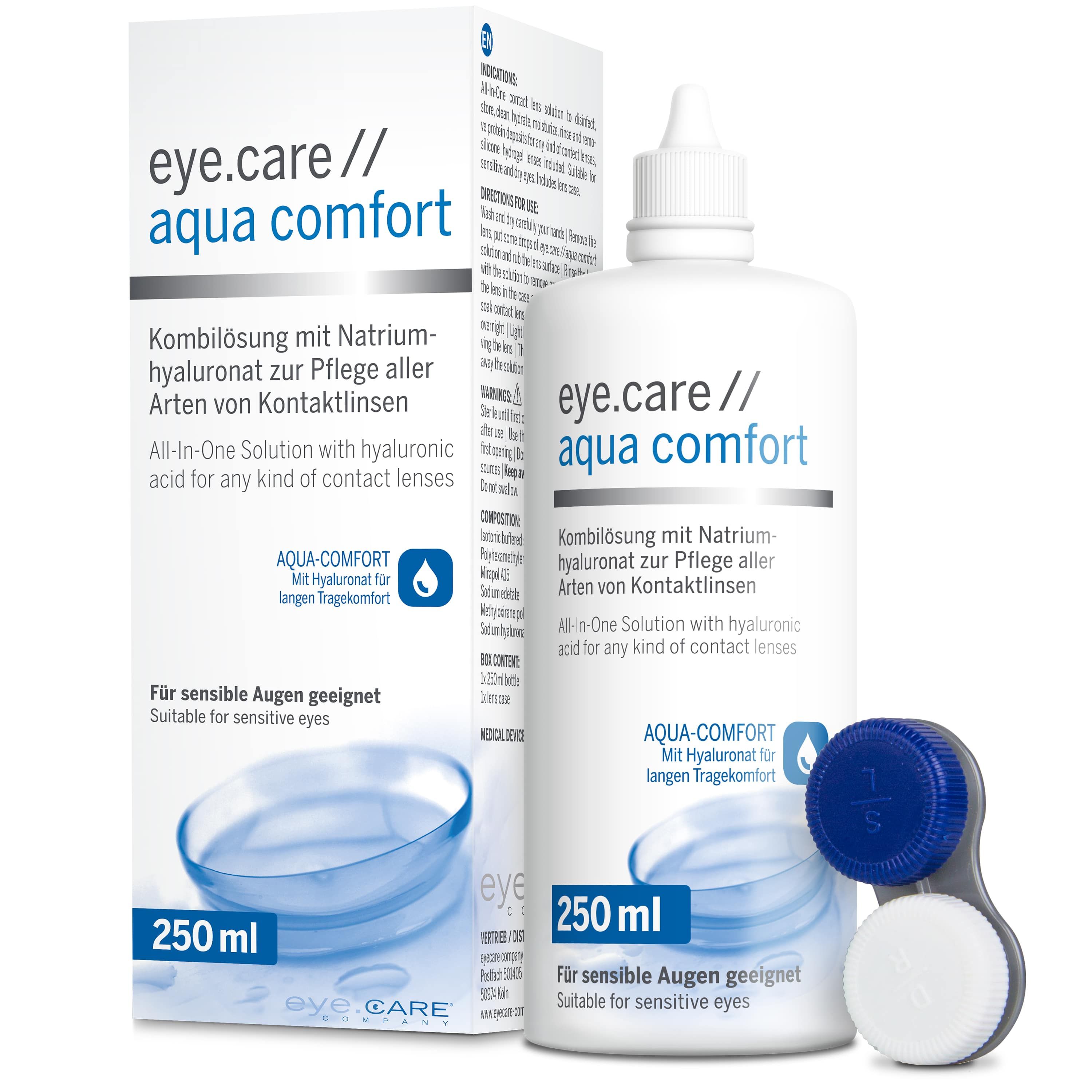 Flasche und Verpackung von eye.care // aqua comfort. Enthält 250 ml. Mit Kontaktlinsenbehälter.