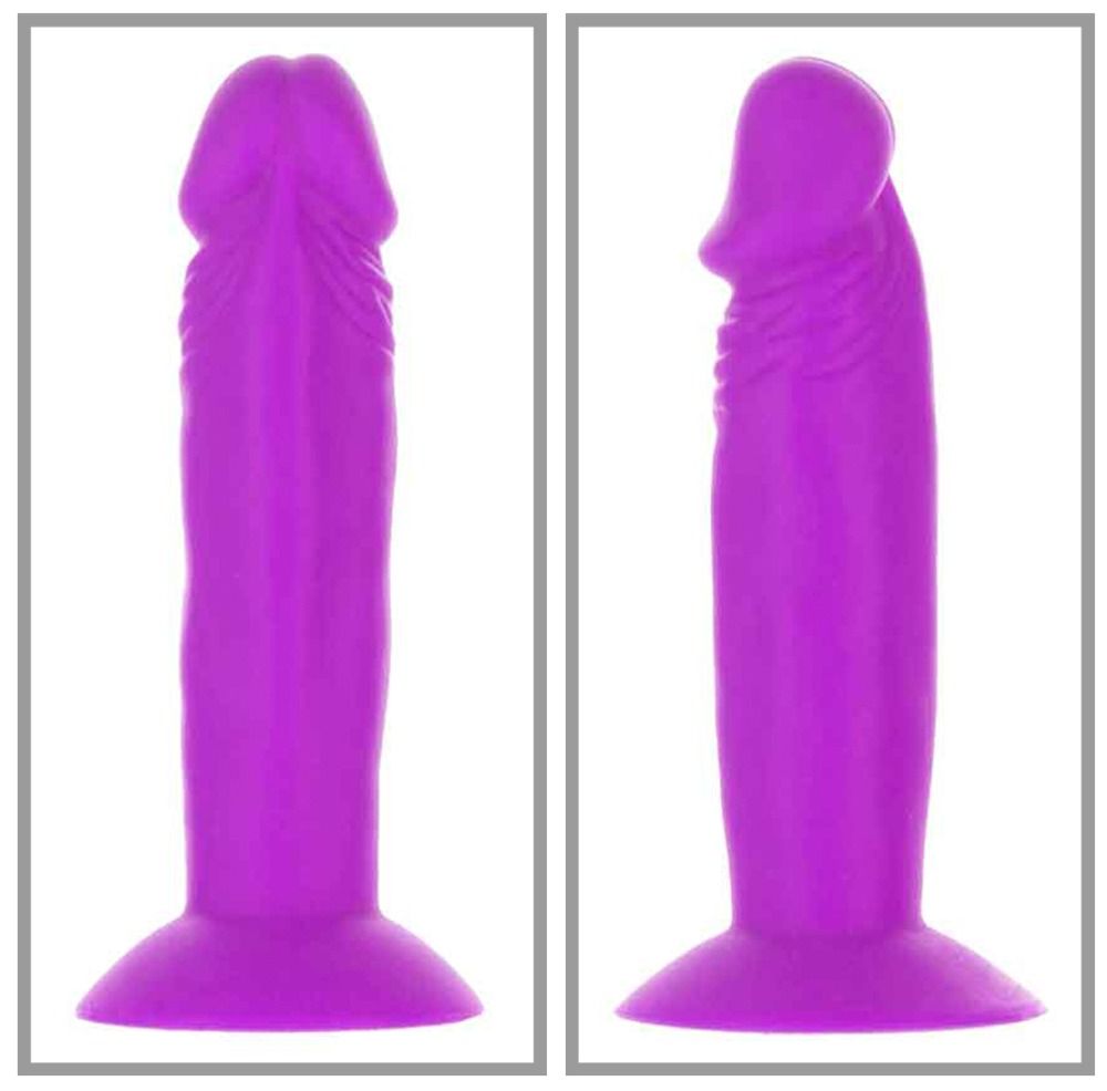 Lilafarbener Mini-Dildo mit Saugfuß, in zwei Ansichten: frontal und seitlich. Der Dildo hat eine geriffelte Oberfläche.