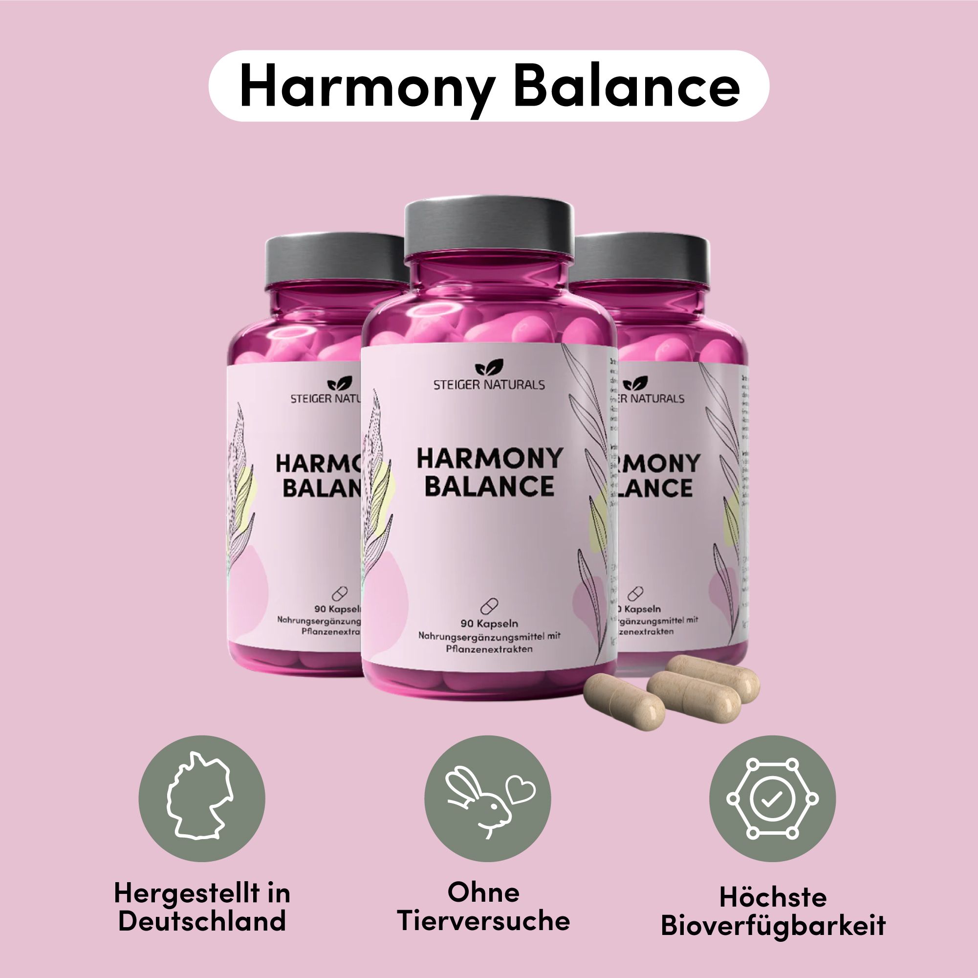 Drei Flaschen Harmony Balance. Aufschrift: Harmony Balance. 90 Kapseln. Logos: Hergestellt in Deutschland, ohne Tierversuche, höchste Bioverfügbarkeit.