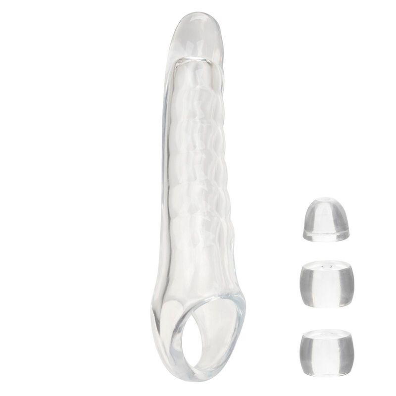 Transparente Penisverlängerung mit geriffelter Oberfläche und Ring. Enthält drei Manschetten. Aus transparentem Material.