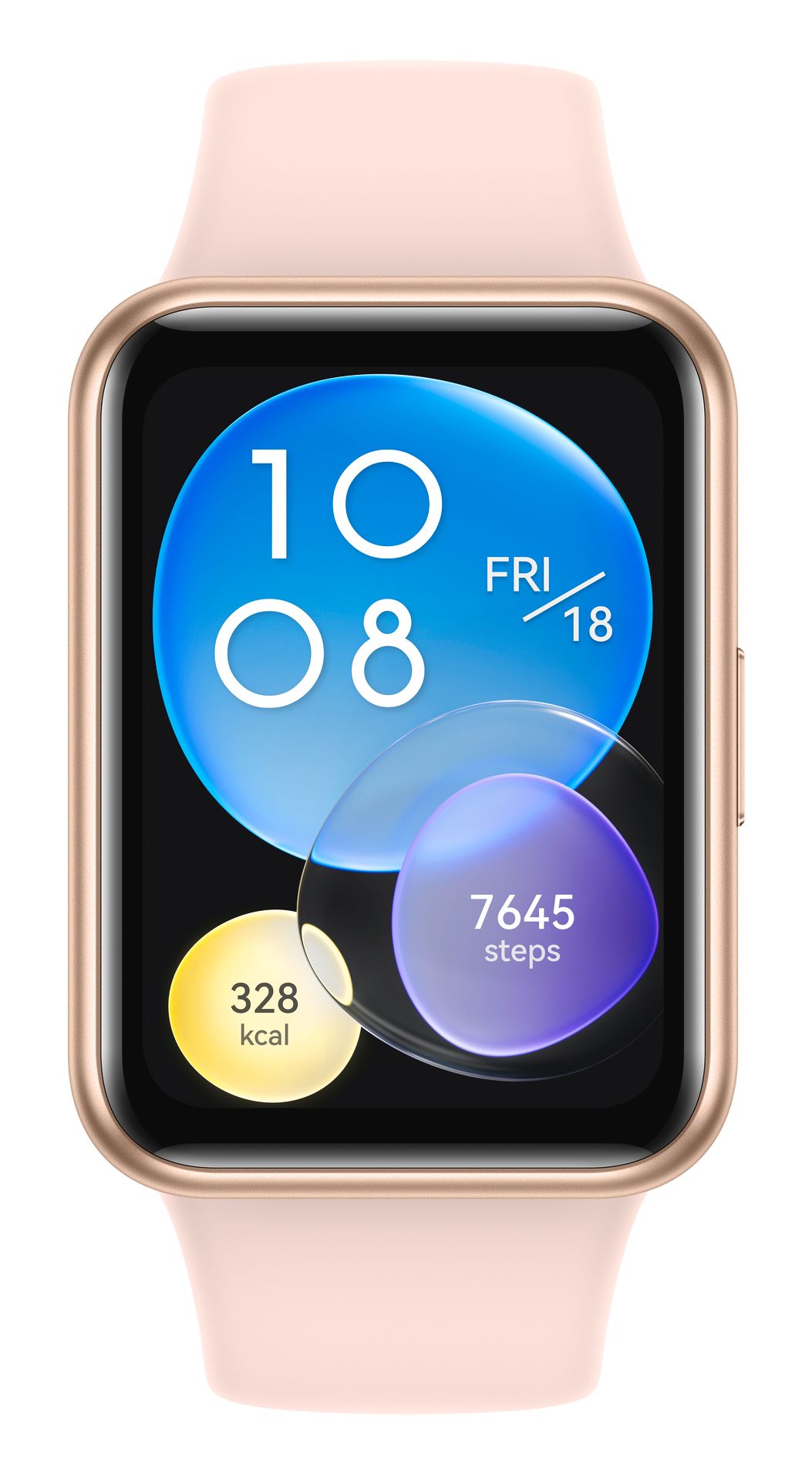 Smartwatch mit rechteckigem Display und rosa Armband. Zeigt Uhrzeit, Datum, Schritte und Kalorien an.