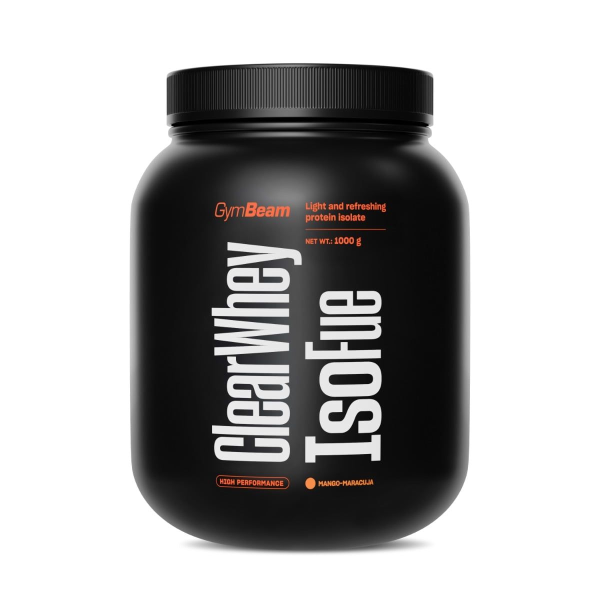 Schwarzer Behälter mit GymBeam Clear Whey IsoFue Molkenprotein-Isolat Pulver, 1000g.