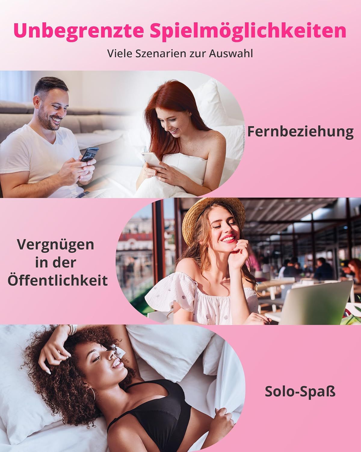 Drei Szenarien: Fernbeziehung, Vergnügen in der Öffentlichkeit, Solo-Spaß.