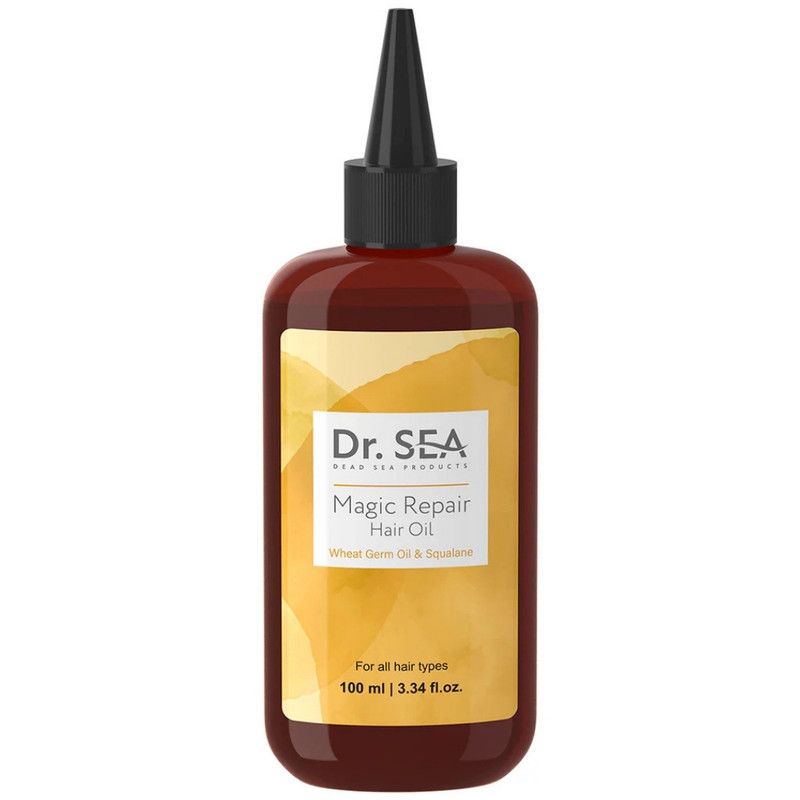 Braune Flasche mit schwarzem Verschluss. Aufkleber mit Produktnamen und Marke: Dr. SEA. Text: Magic Repair Hair Oil.