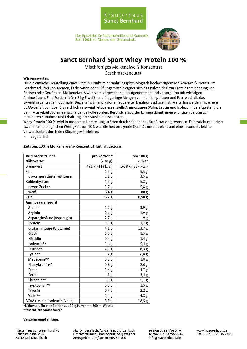 Produktetikett mit Text: Sanct Bernhard Sport Whey-Protein 100 %. Mischfertiges Molken-Eiweiß-Konzentrat. Nährwerttabelle.