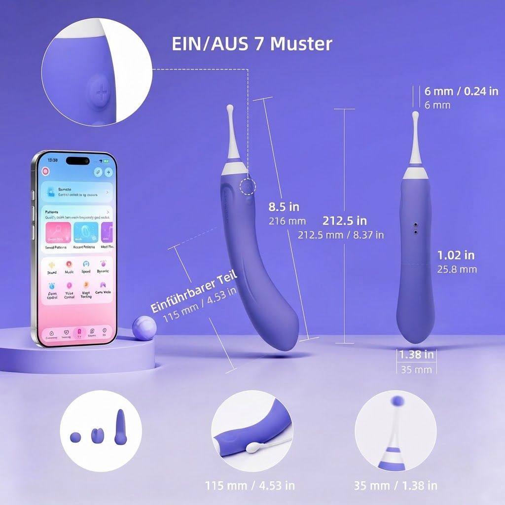 Lila Vibrator mit gebogenem Griff, abnehmbaren Aufsätzen und App-Steuerung. Maße angegeben.