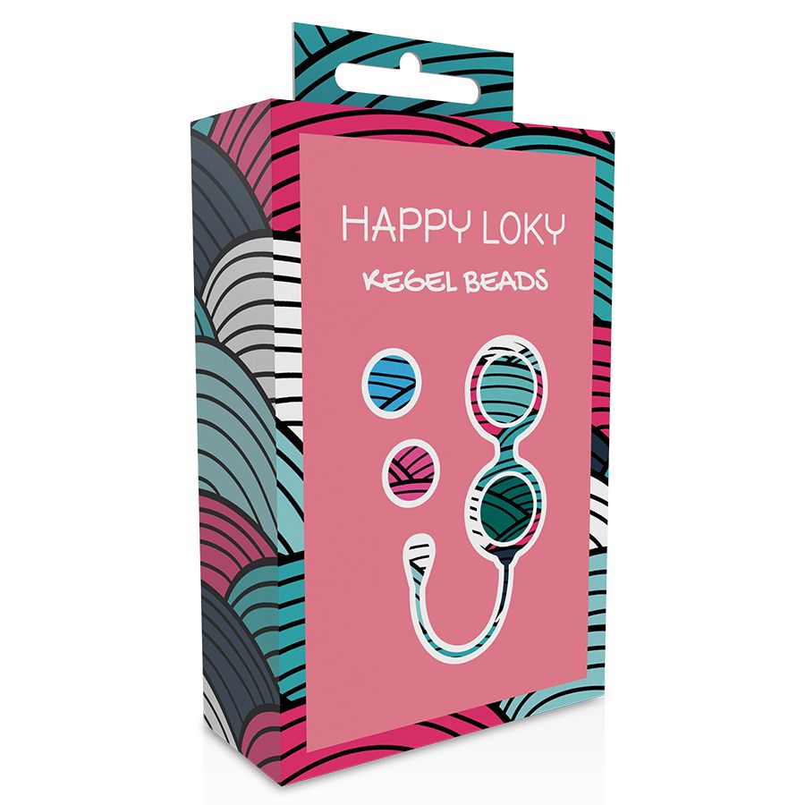 Verpackung Happy Loky Kegel Beads. Rosa Hintergrund mit Produktabbildung und Markenname. Perspektivische Ansicht.
