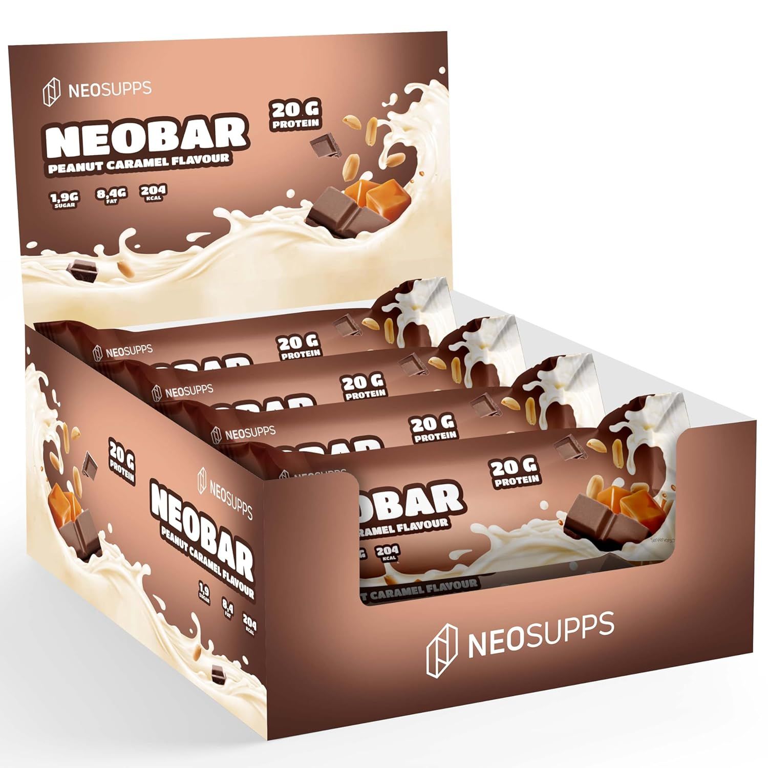 NeoBar-Display mit mehreren Riegeln. Aufschrift: NeoBar Peanut Caramel Flavour, 20g Protein. Verpackung mit Riegeln.